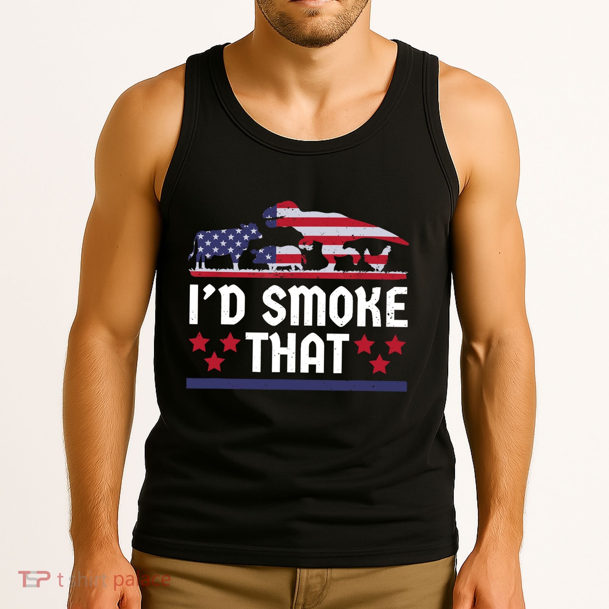 Funny ID Smoke That Bbq Barbeque Patriot Dinosaur Tank Top
