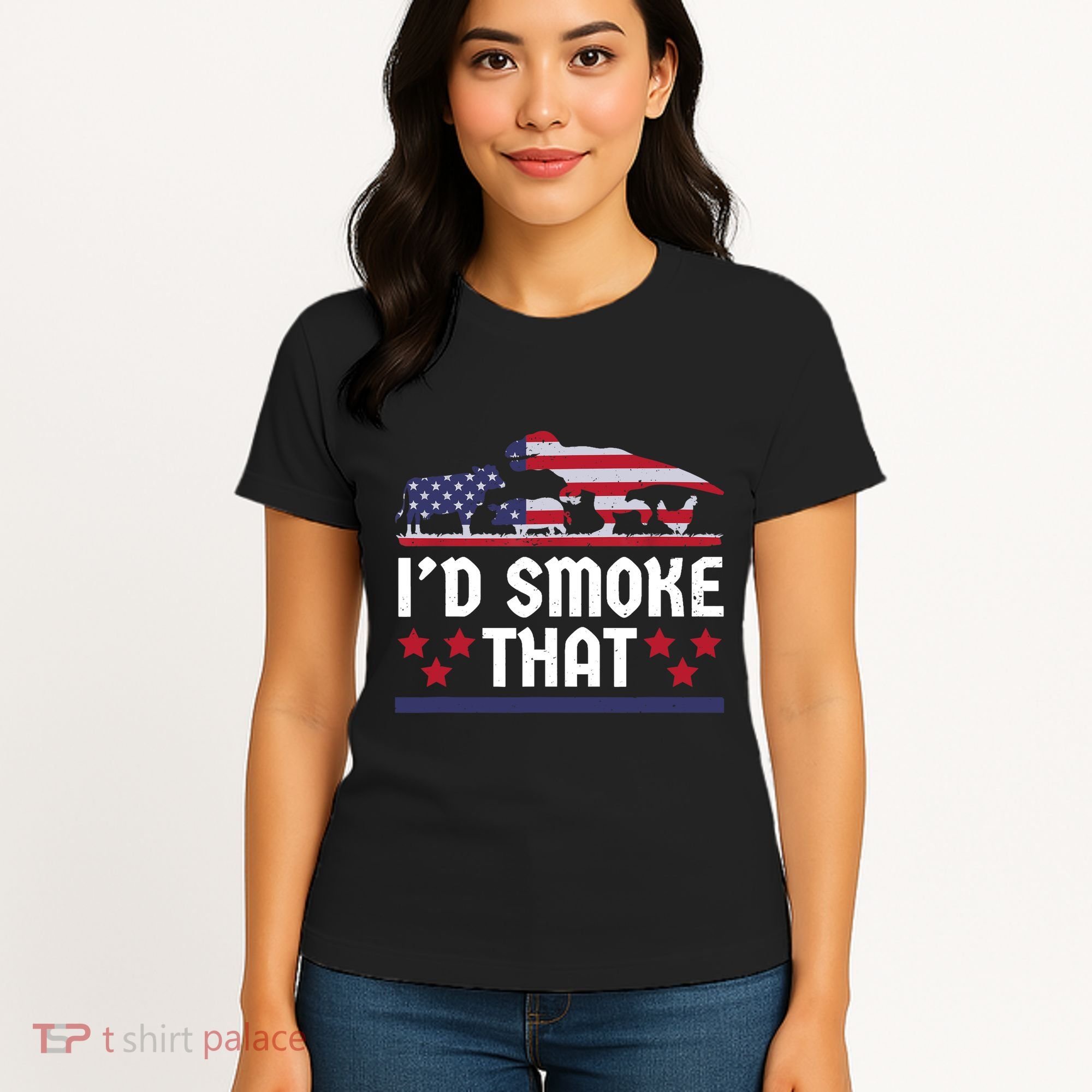 Funny ID Smoke That Bbq Barbeque Patriot Dinosaur Women's T-Shirt