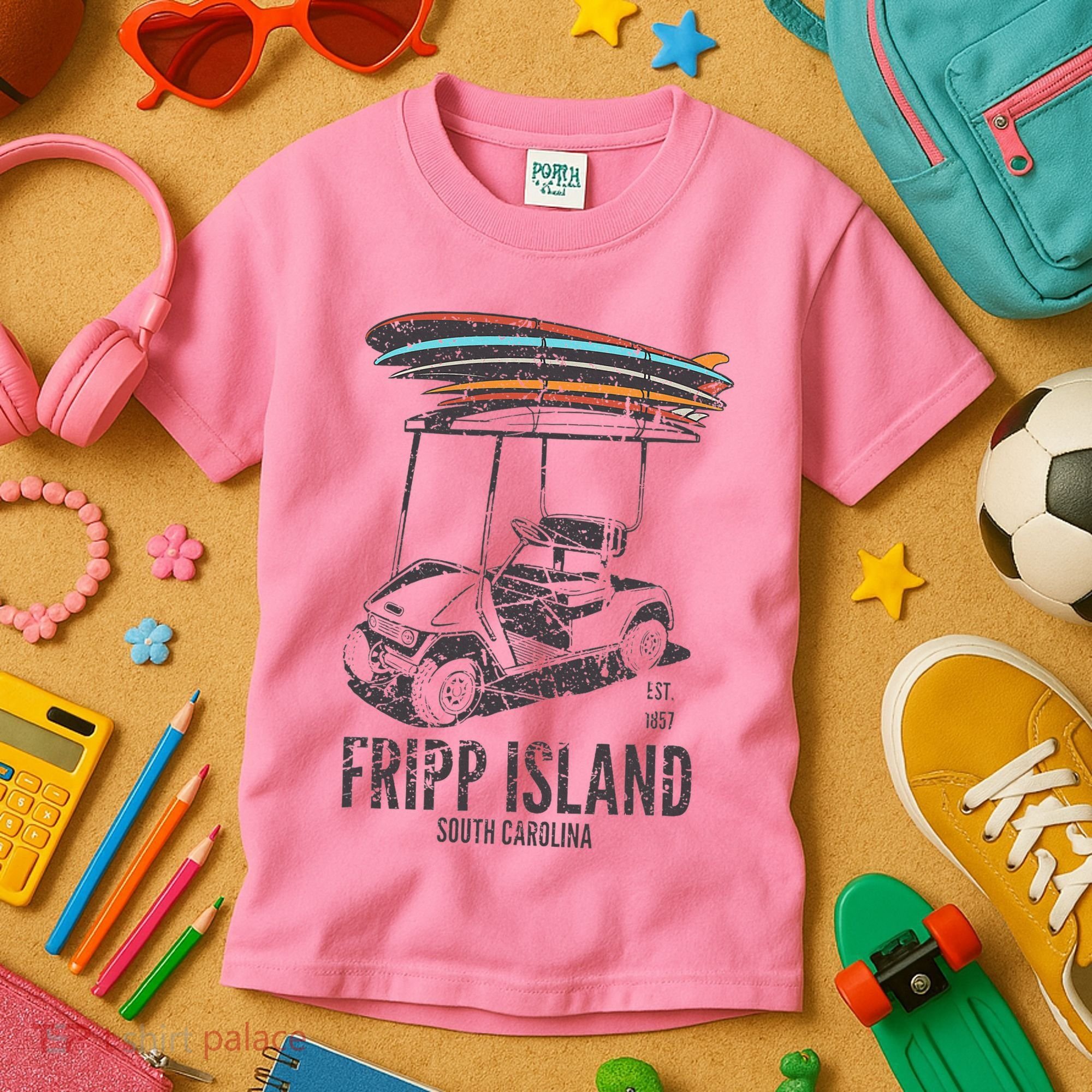 Fripp Island South Carolina Golf Cart Surfer Lowcountry Kids T-Shirt