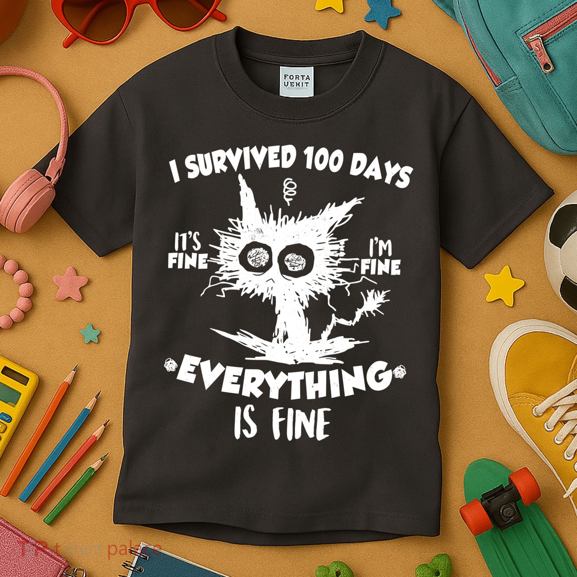 Funny I Survived 100 Days It's Fine I'm Fine Everything Is Fine Kids T-Shirt