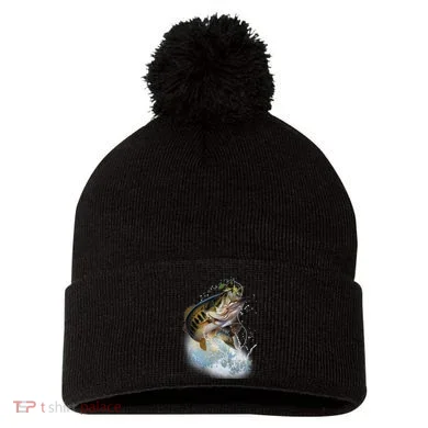 Fish and Hook Pom Pom 12in Knit Beanie