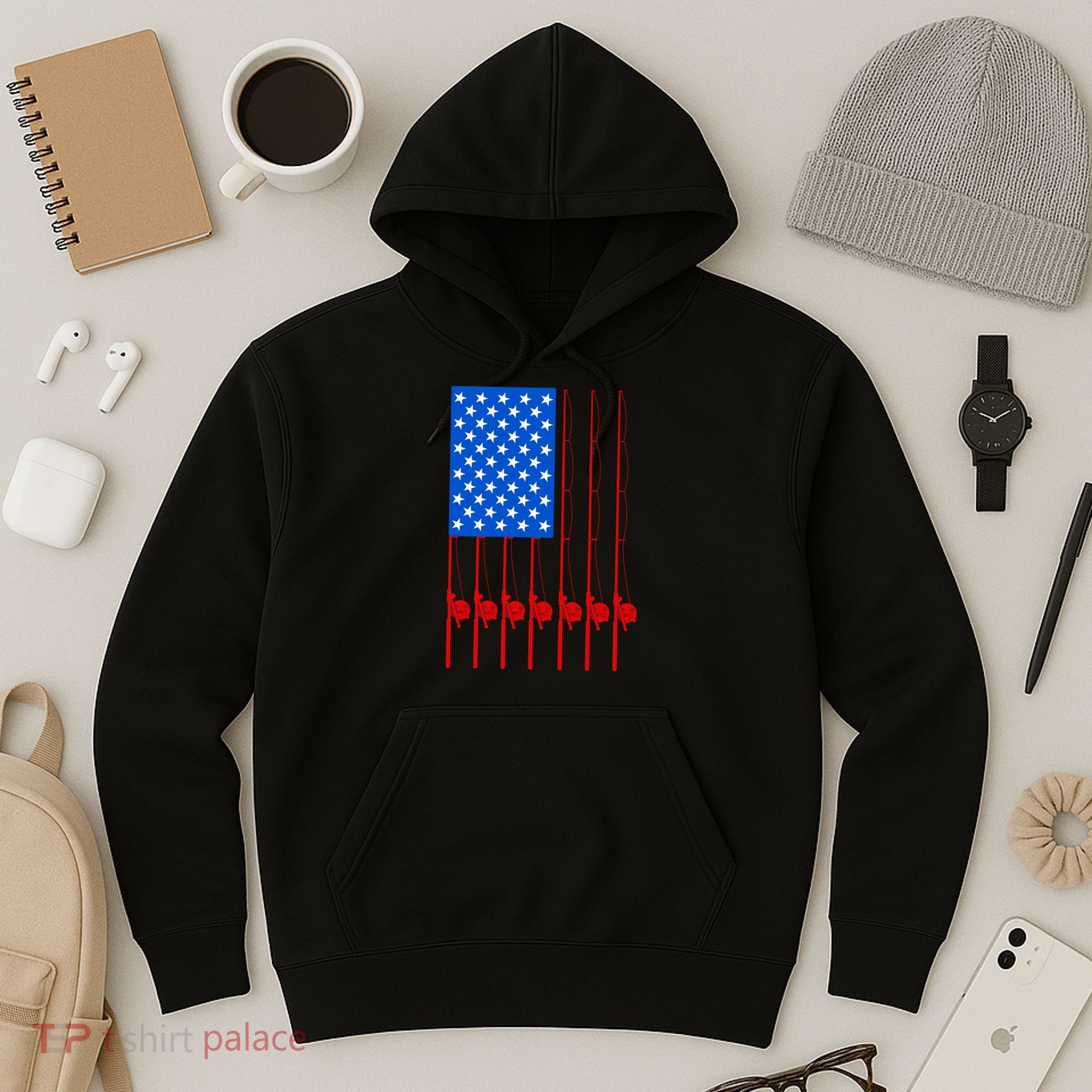 Fishing Poles USA American Flag Hoodie