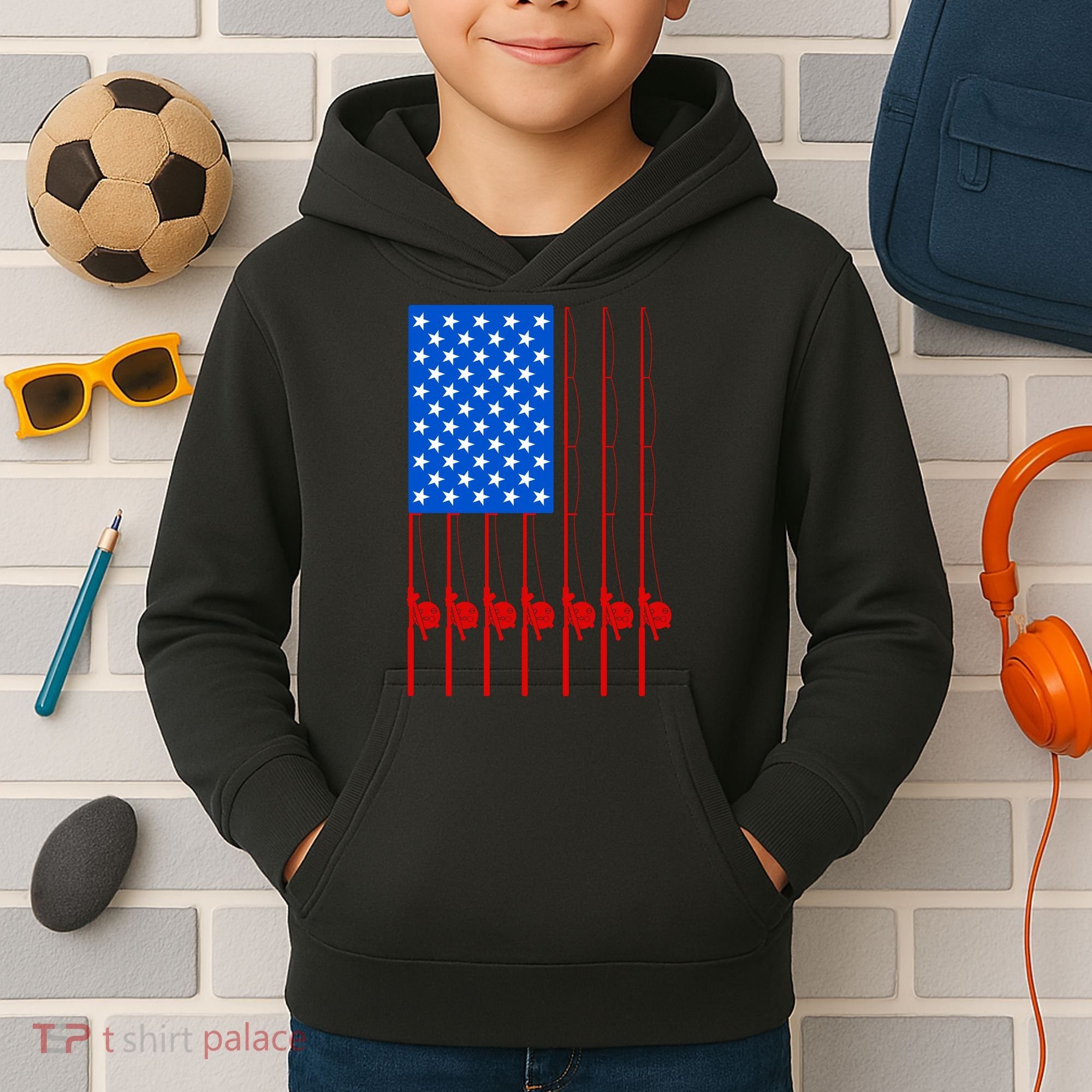 Fishing Poles USA American Flag Kids Hoodie