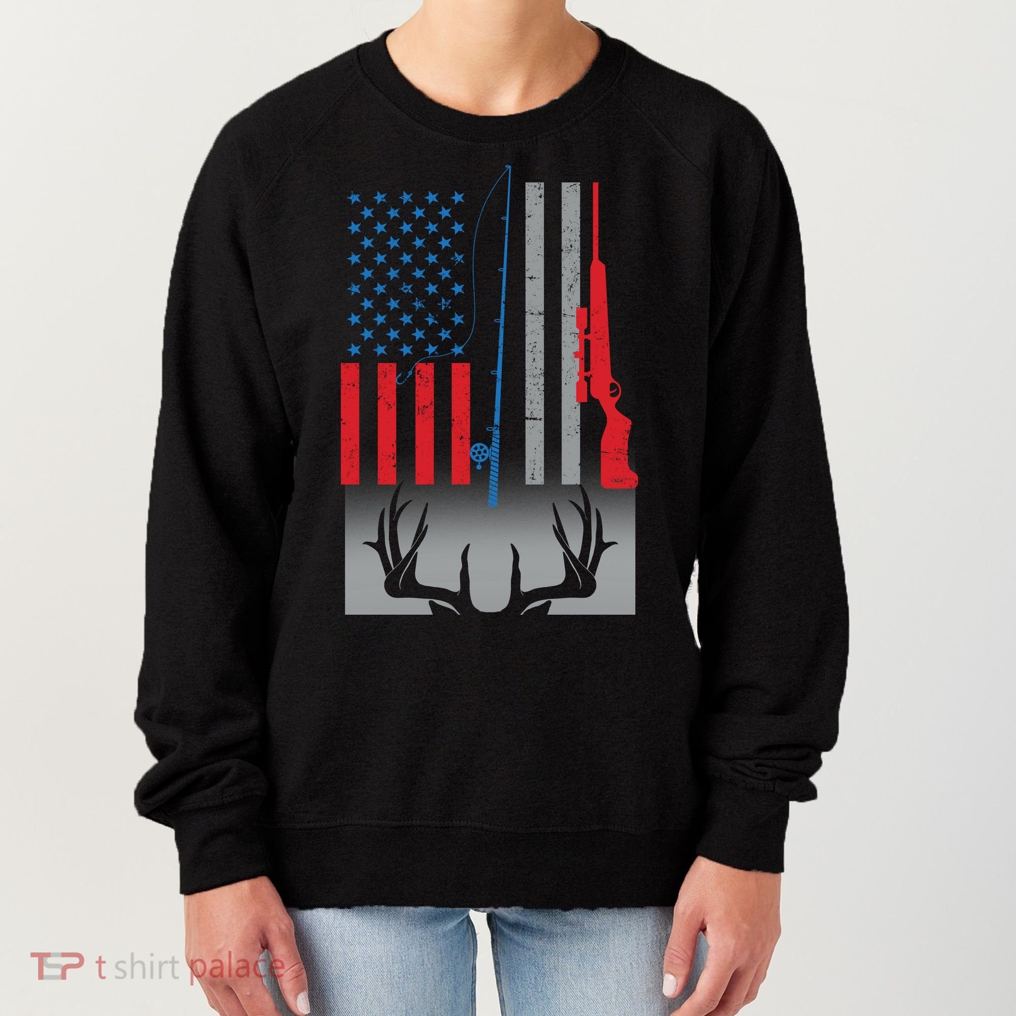Fishing Rod Hunting Rifle American Flag Women's Sweatshirt