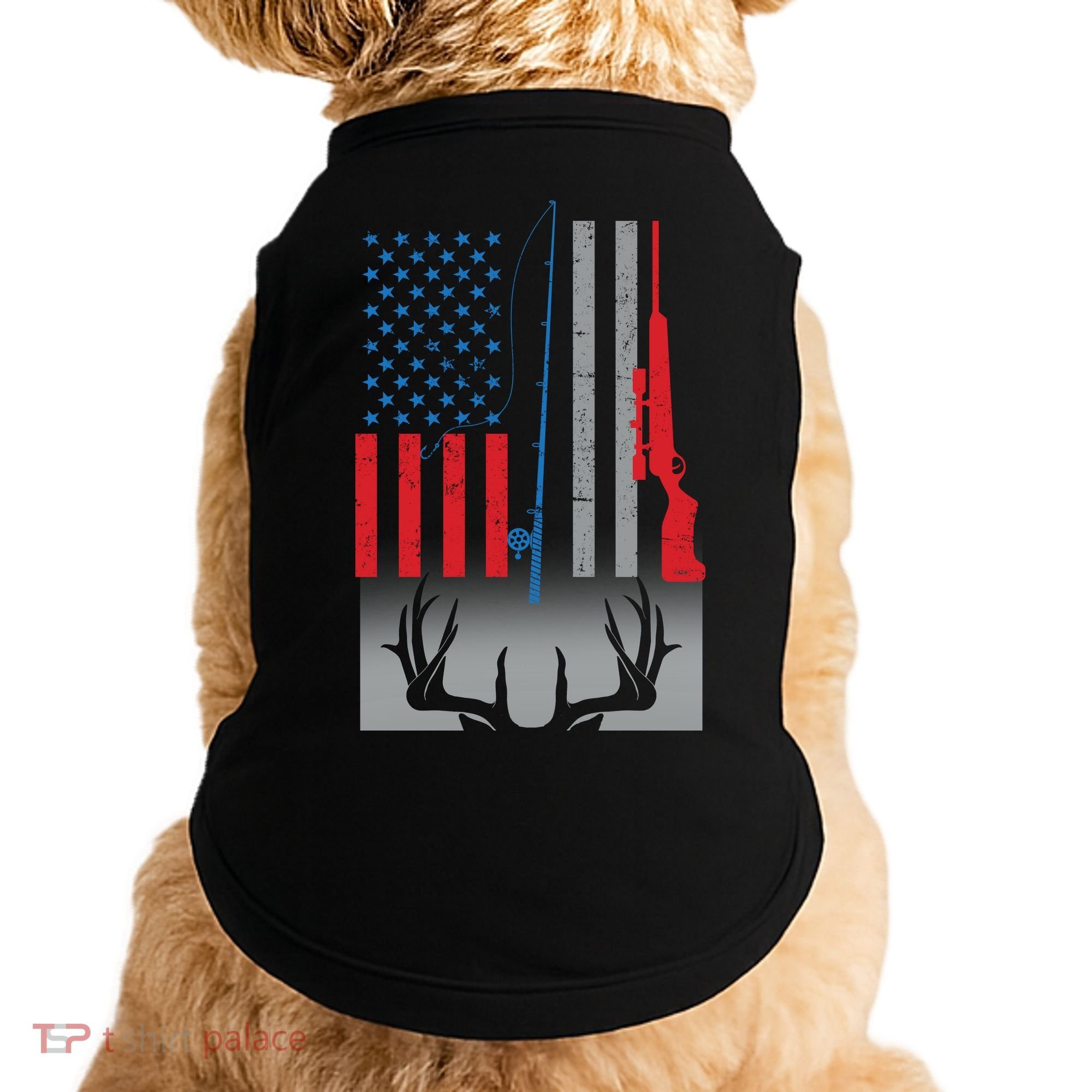 Fishing Rod Hunting Rifle American Flag Doggie Tank