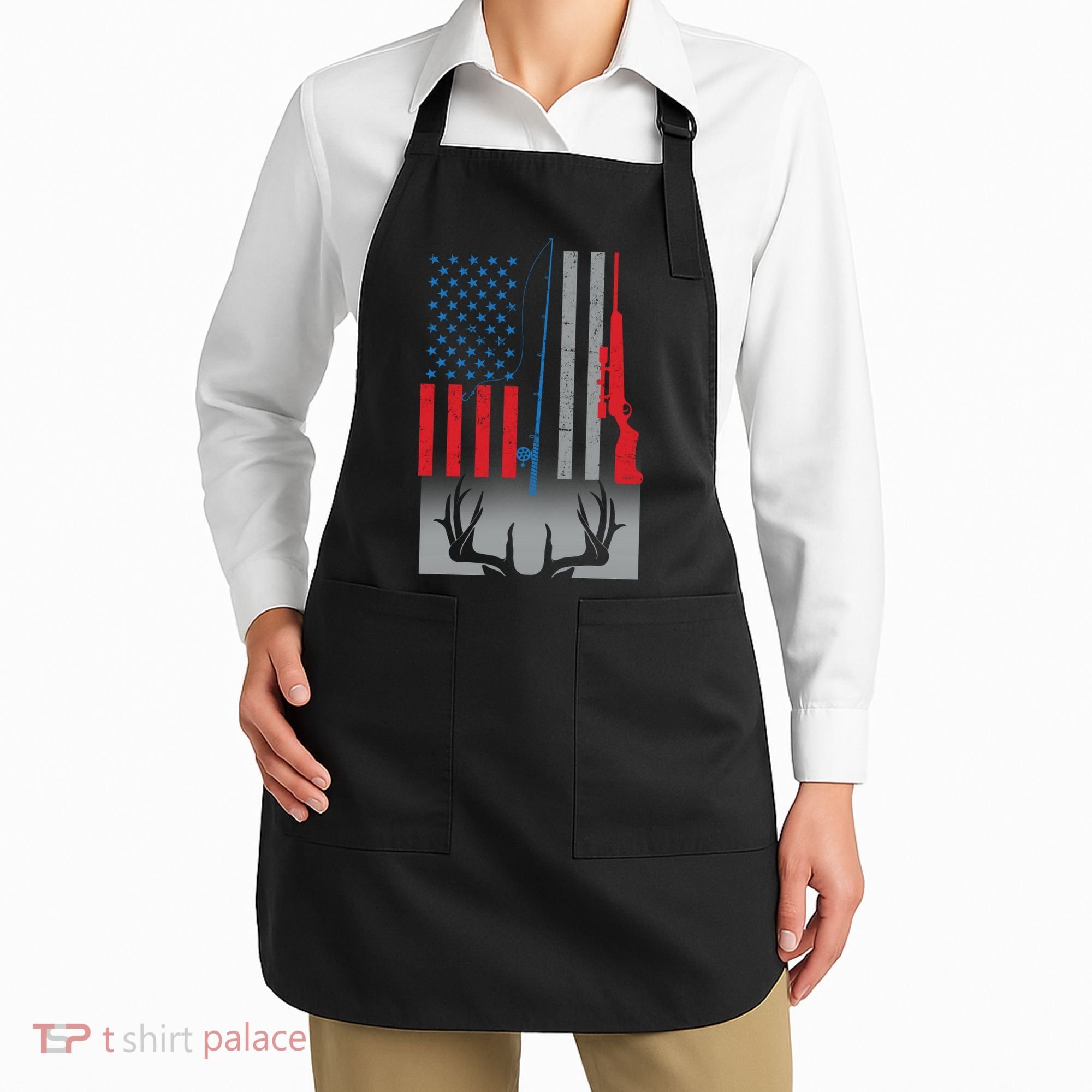Fishing Rod Hunting Rifle American Flag Apron