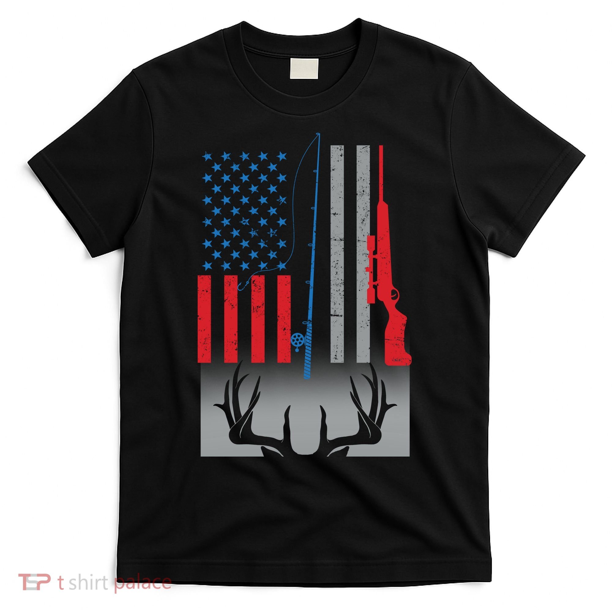 Fishing Rod Hunting Rifle American Flag T-Shirt
