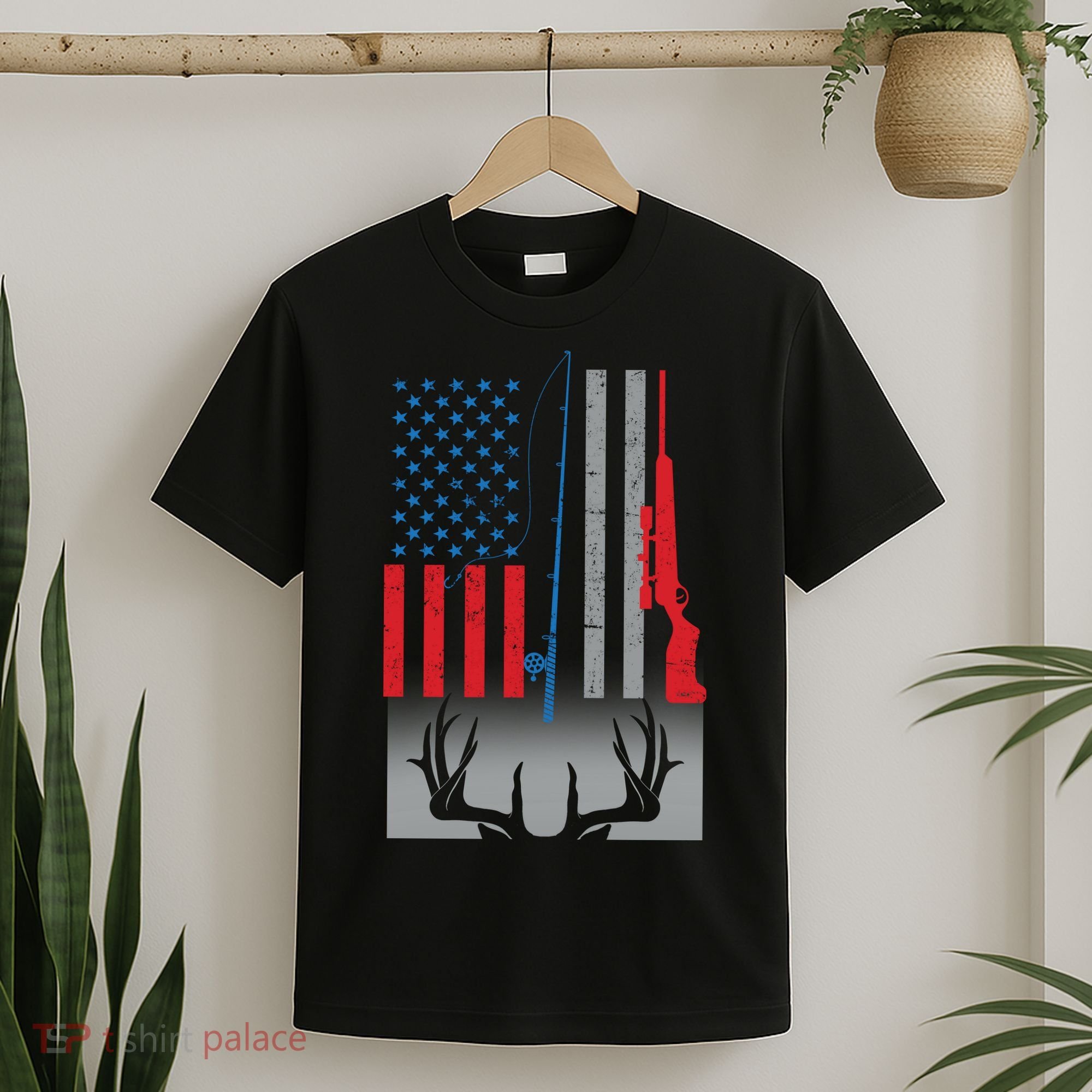 Fishing Rod Hunting Rifle American Flag T-Shirt