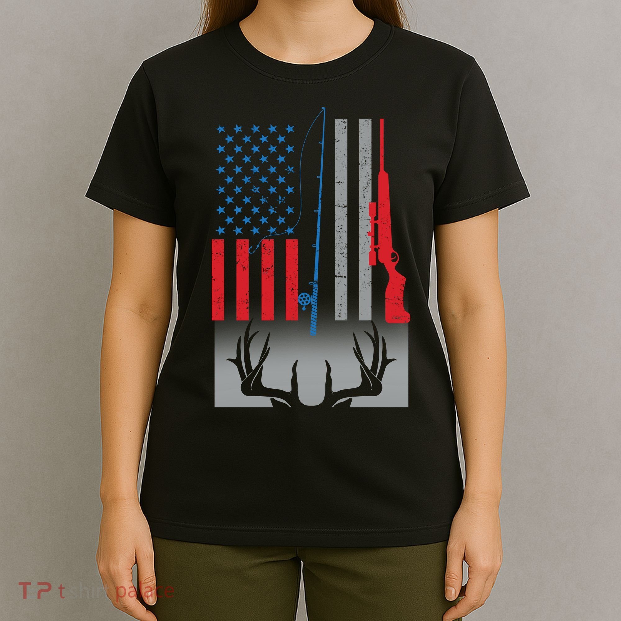 Fishing Rod Hunting Rifle American Flag T-Shirt