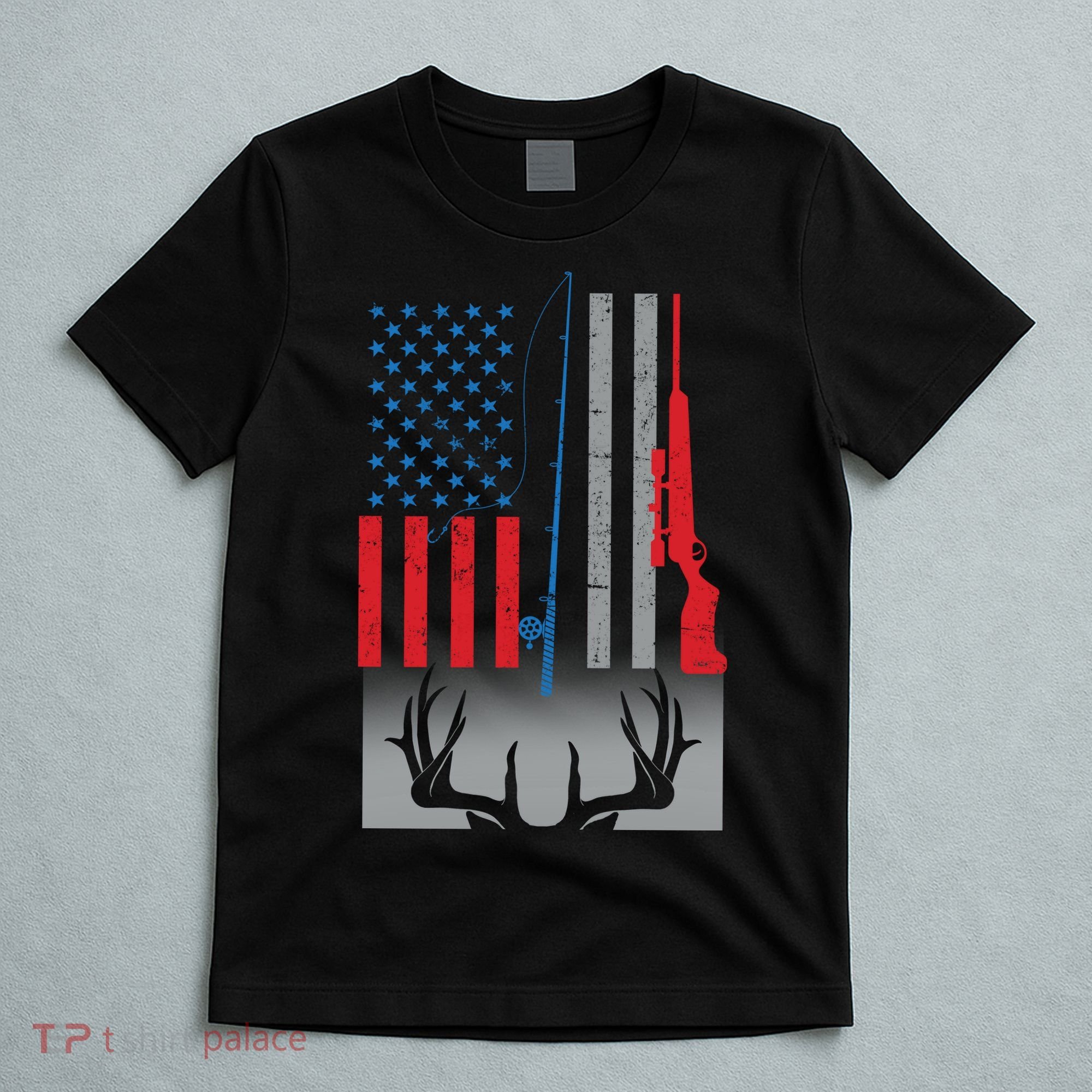 Fishing Rod Hunting Rifle American Flag T-Shirt
