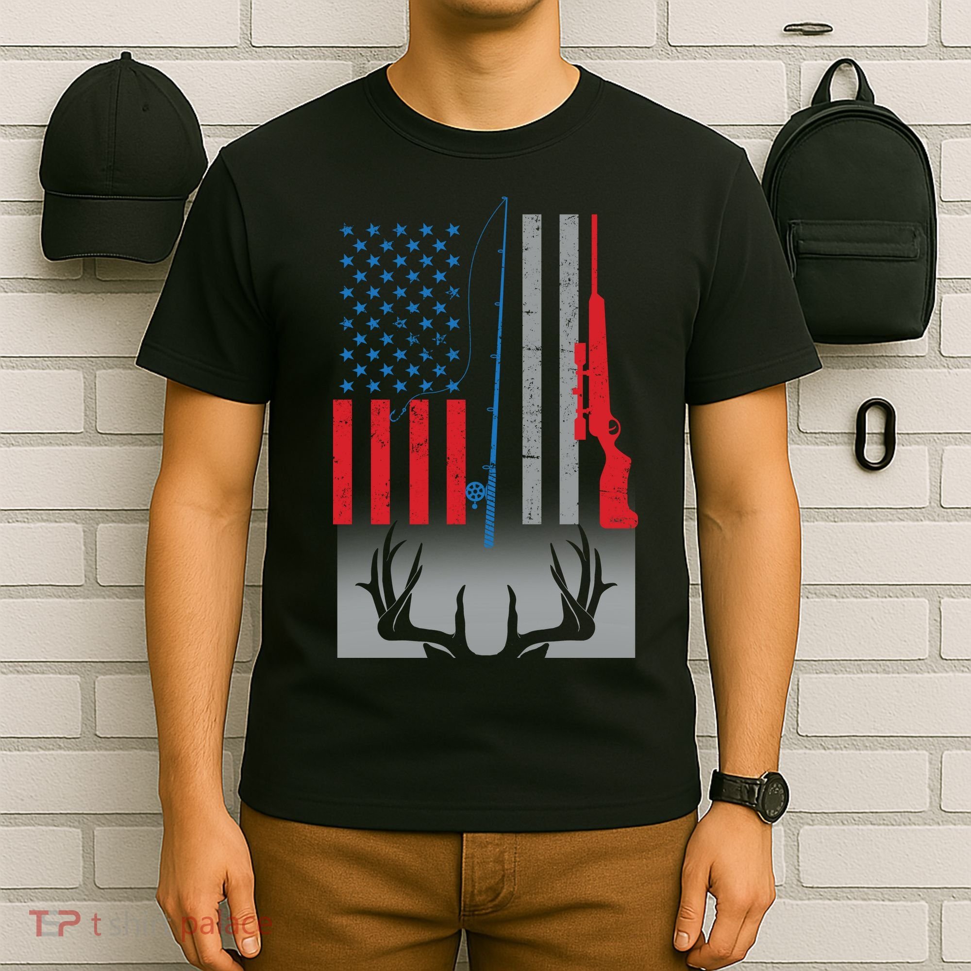 Fishing Rod Hunting Rifle American Flag T-Shirt