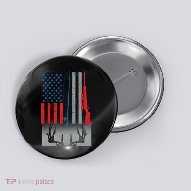 Fishing Rod Hunting Rifle American Flag Button