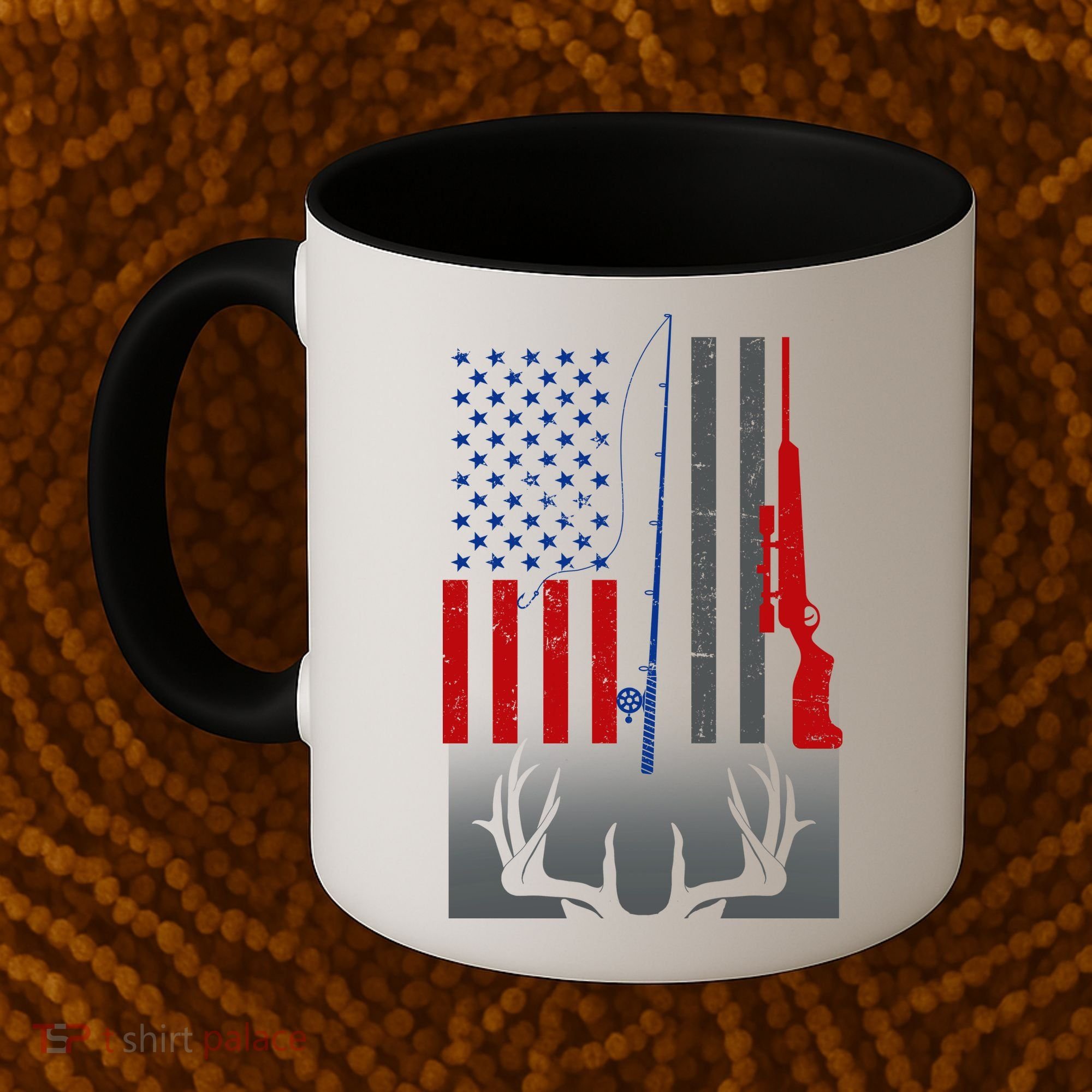 Fishing Rod Hunting Rifle American Flag Coffee Mug