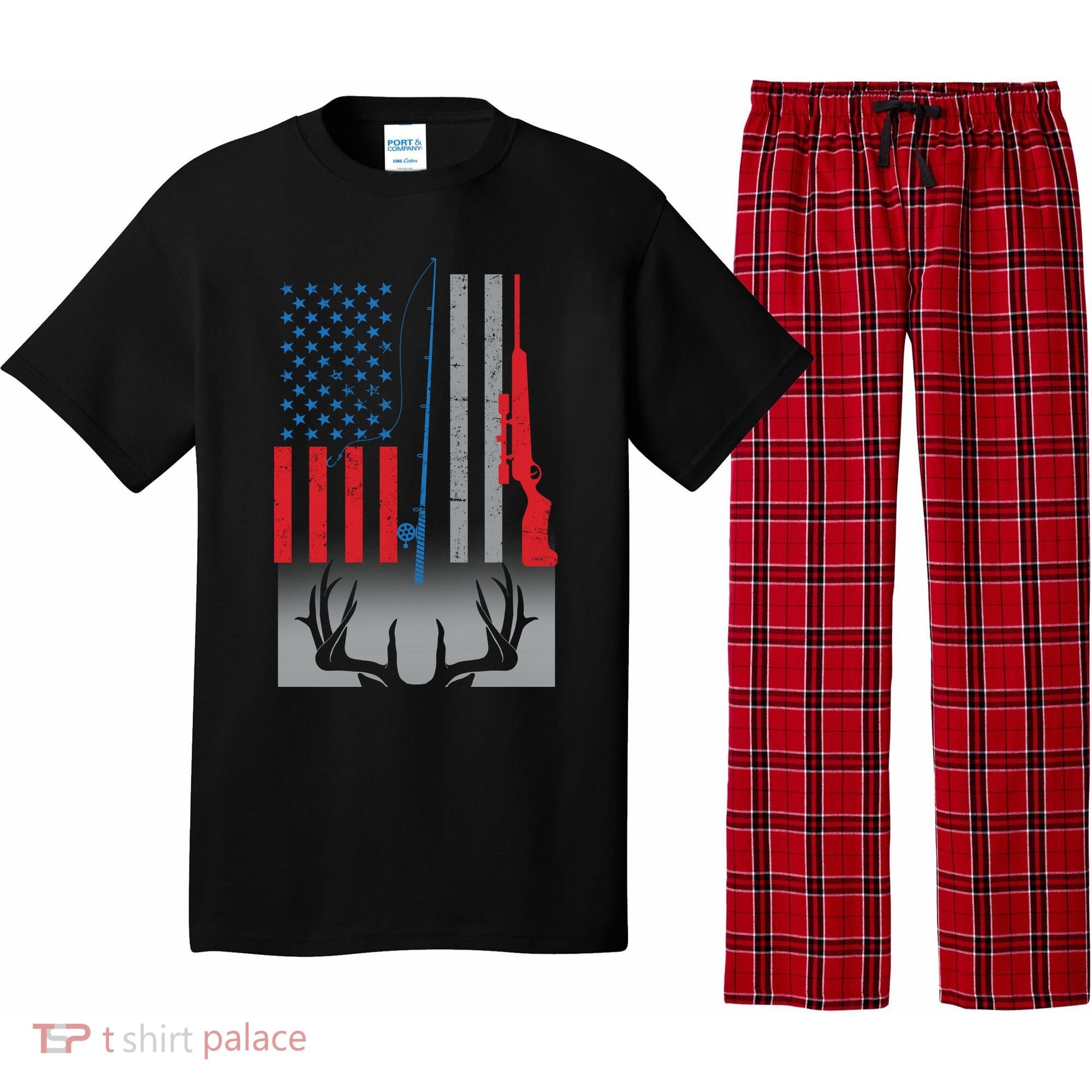 Fishing Rod Hunting Rifle American Flag Pajama Set