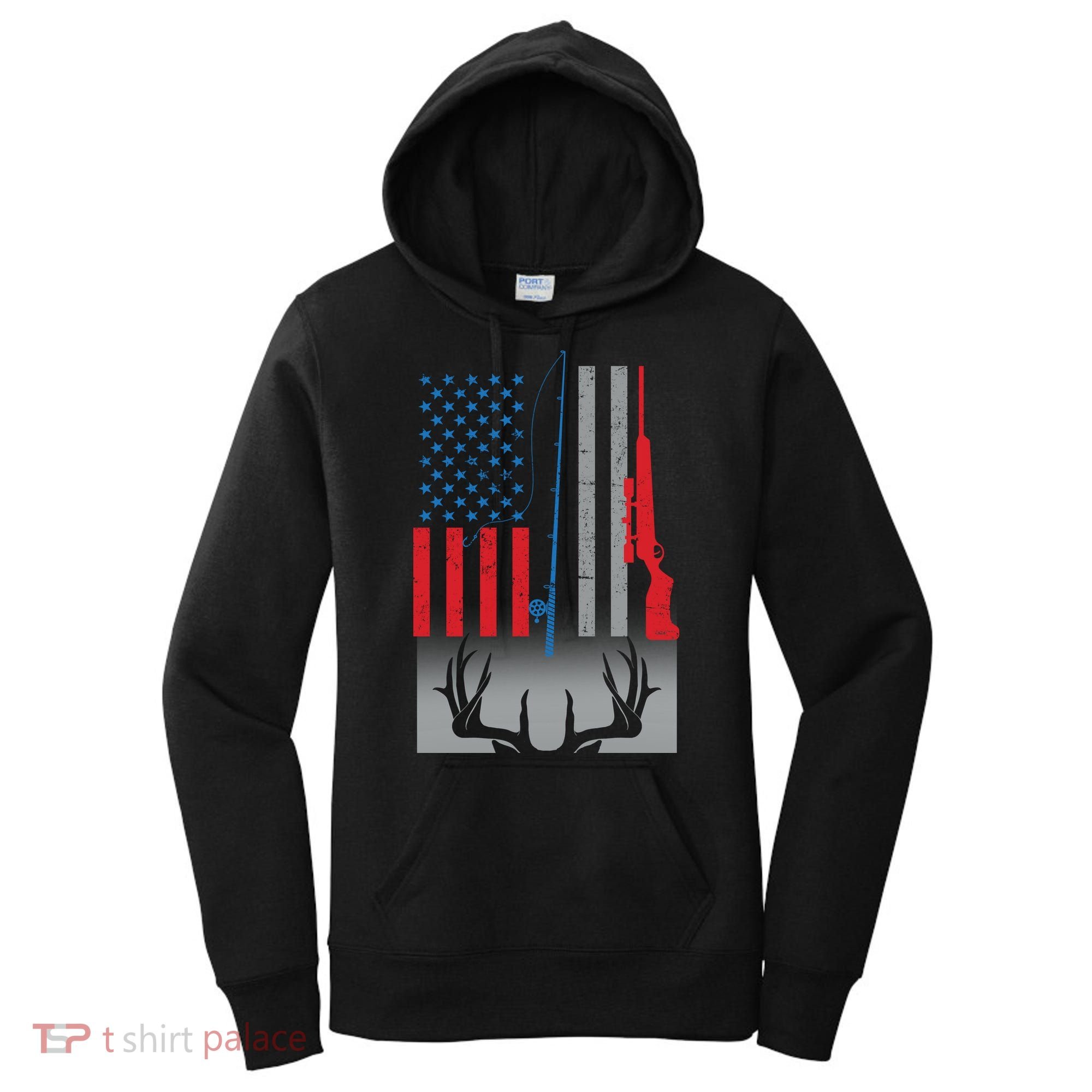 Fishing Rod Hunting Rifle American Flag Women's Hoodie