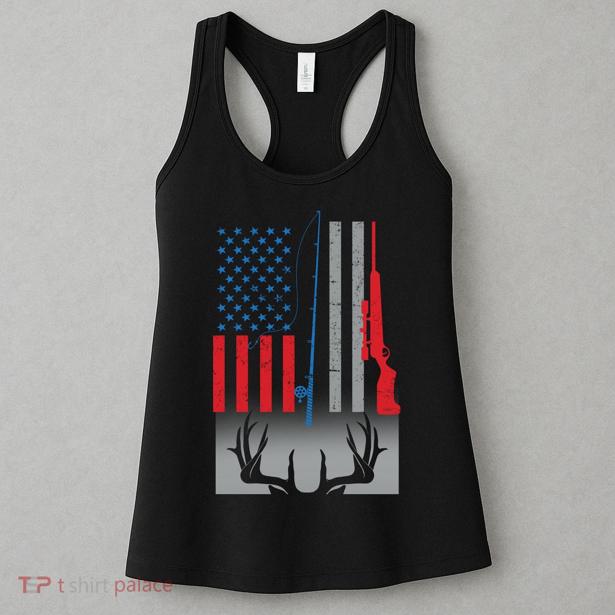 Fishing Rod Hunting Rifle American Flag Women's Tank Top