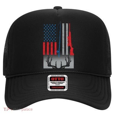 Fishing Rod Hunting Rifle American Flag Hat