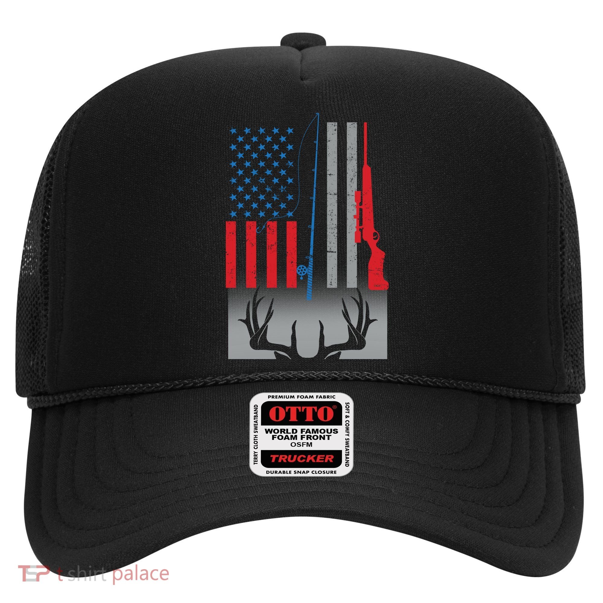 Fishing Rod Hunting Rifle American Flag Hat