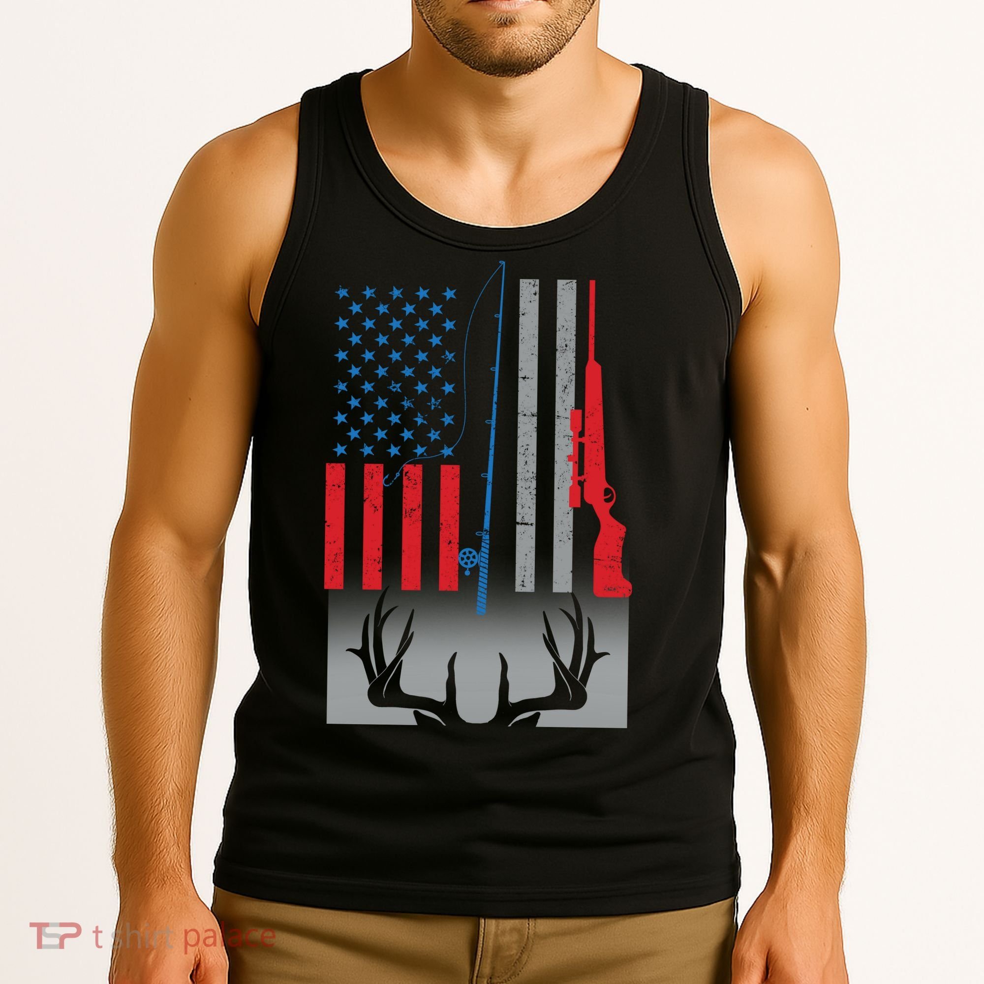 Fishing Rod Hunting Rifle American Flag Tank Top