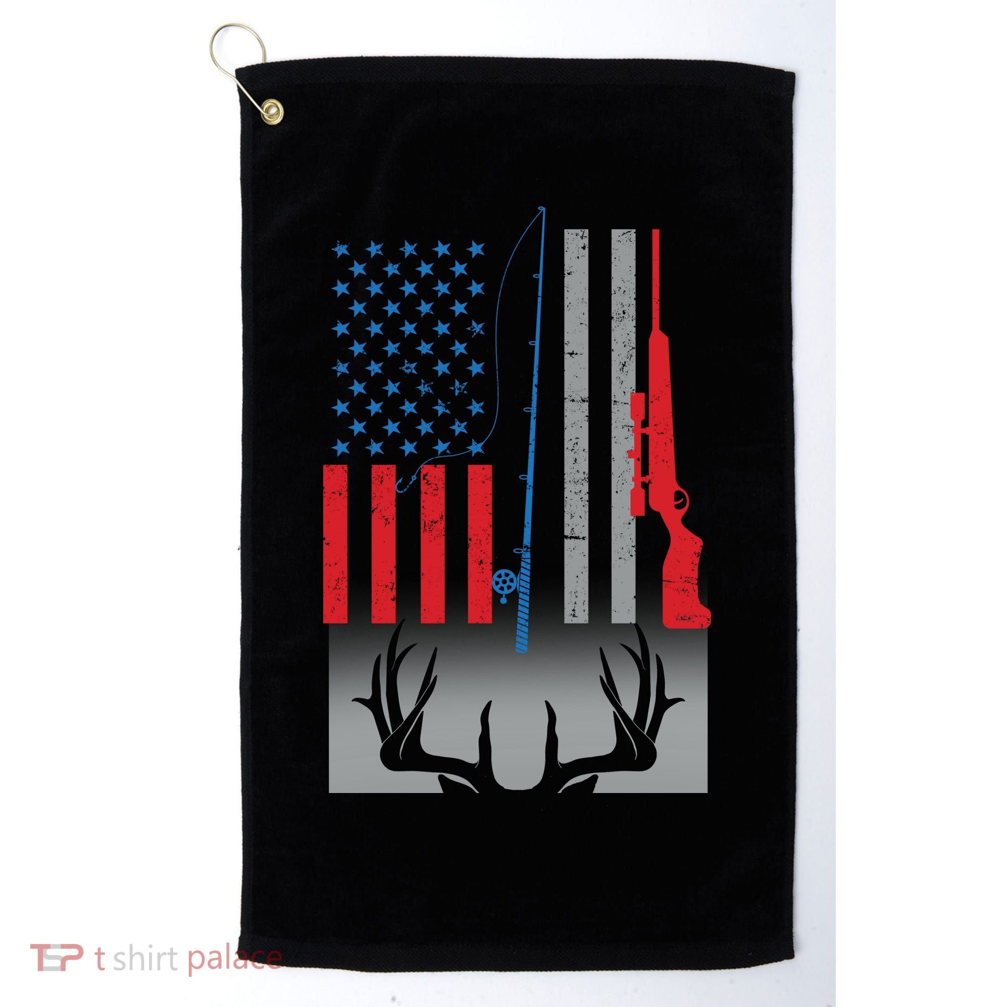 Fishing Rod Hunting Rifle American Flag Golf Towel