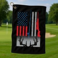 Fishing Rod Hunting Rifle American Flag Golf Towel thumb 1