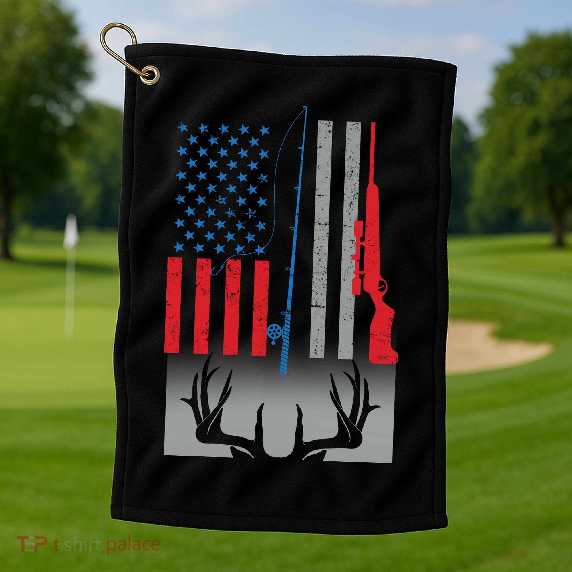 Fishing Rod Hunting Rifle American Flag Golf Towel