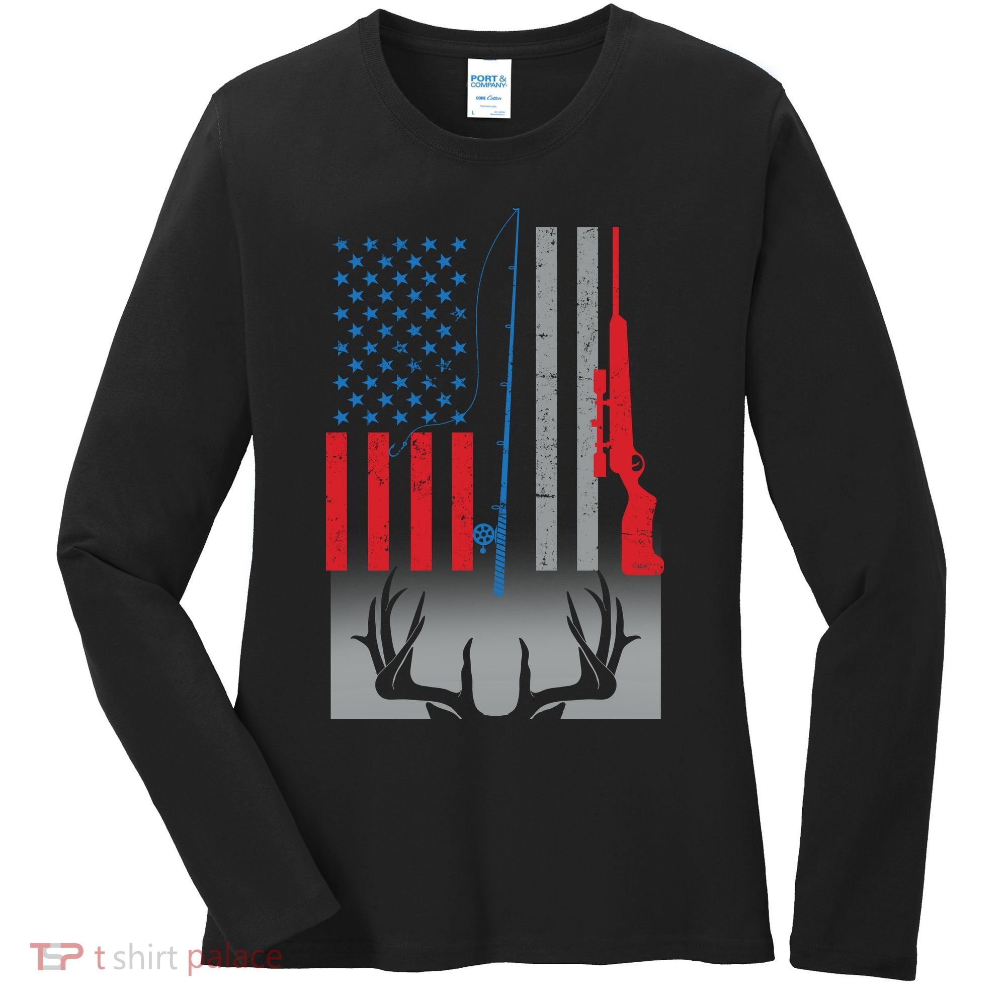 Fishing Rod Hunting Rifle American Flag Women's Long Sleeve Shirt