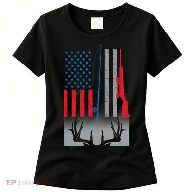 Fishing Rod Hunting Rifle American Flag Women's T-Shirt