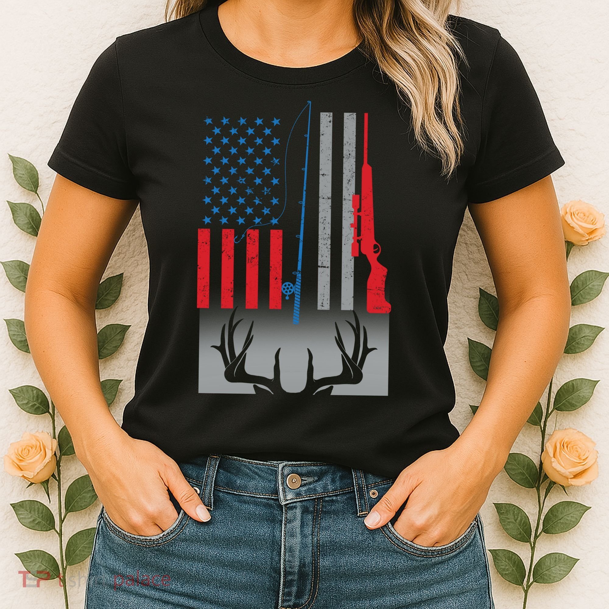 Fishing Rod Hunting Rifle American Flag Women's T-Shirt