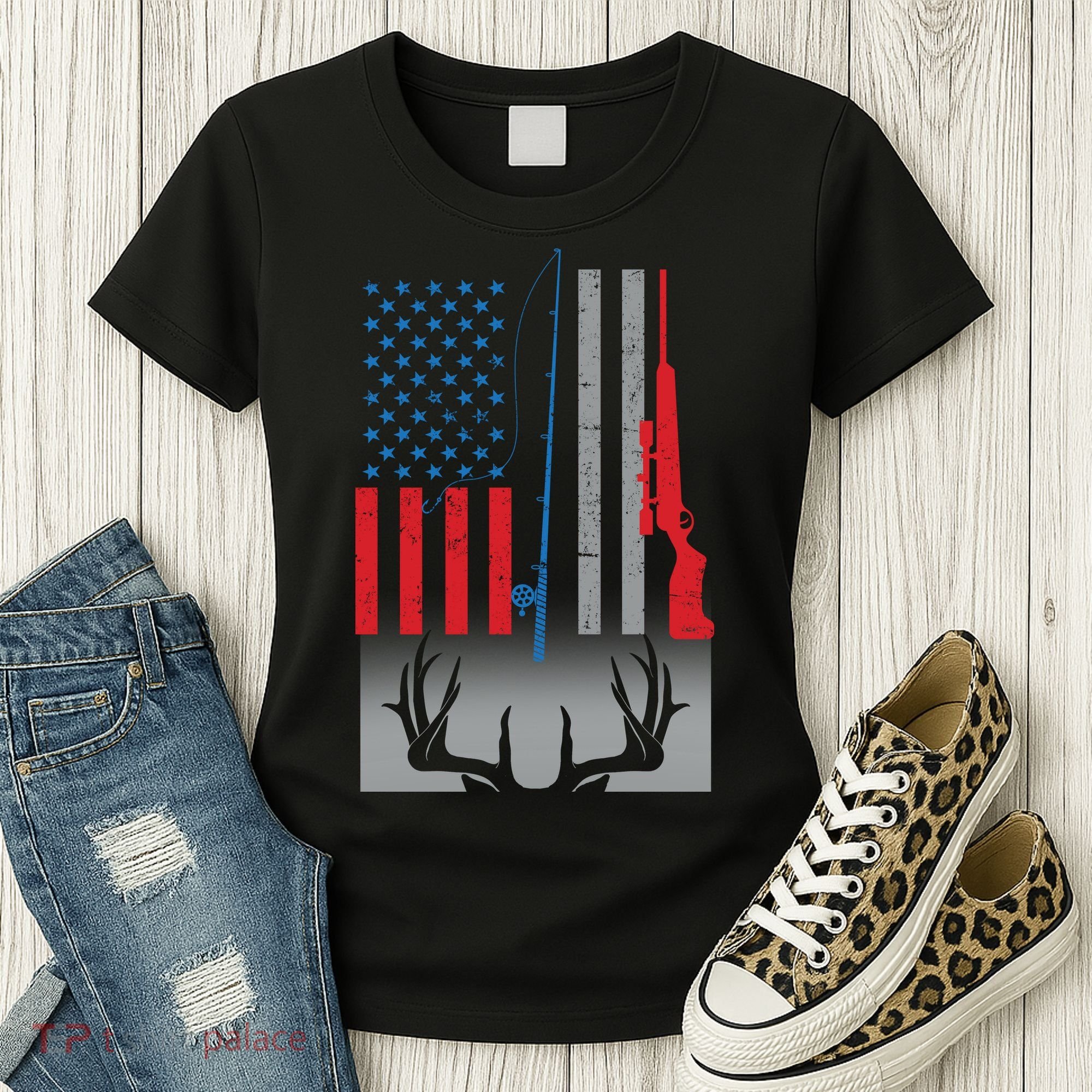Fishing Rod Hunting Rifle American Flag Women's T-Shirt