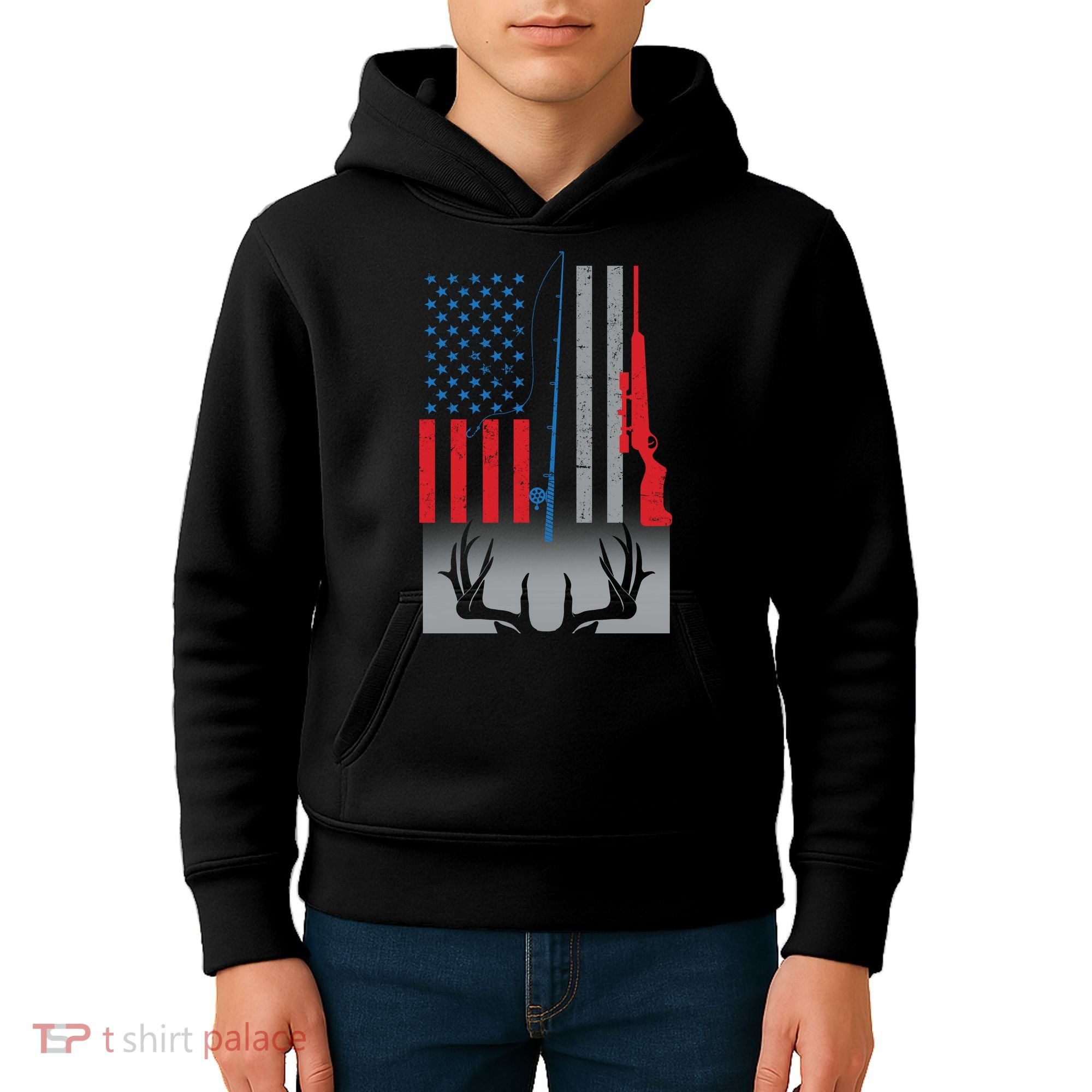 Fishing Rod Hunting Rifle American Flag Kids Hoodie