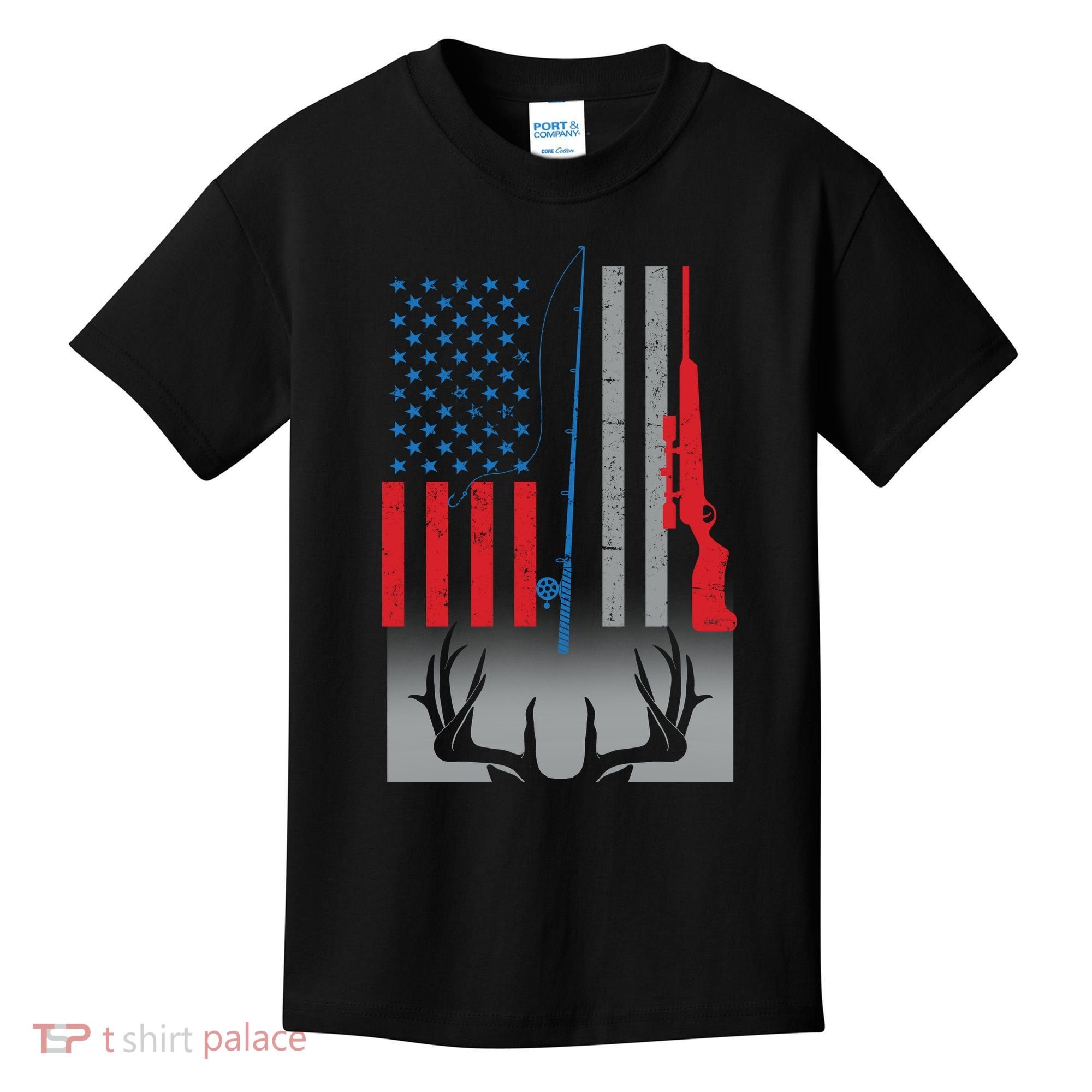 Fishing Rod Hunting Rifle American Flag Kids T-Shirt