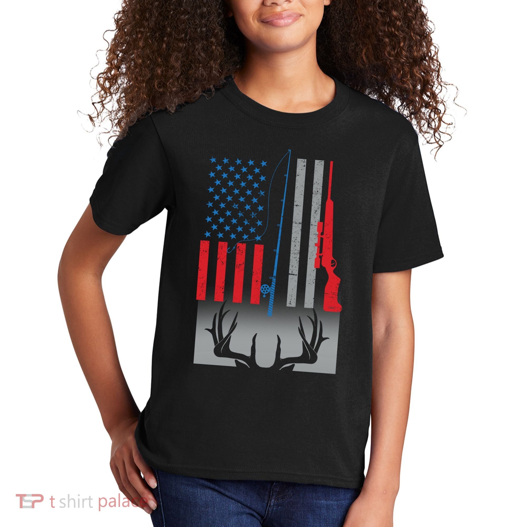Fishing Rod Hunting Rifle American Flag Kids T-Shirt