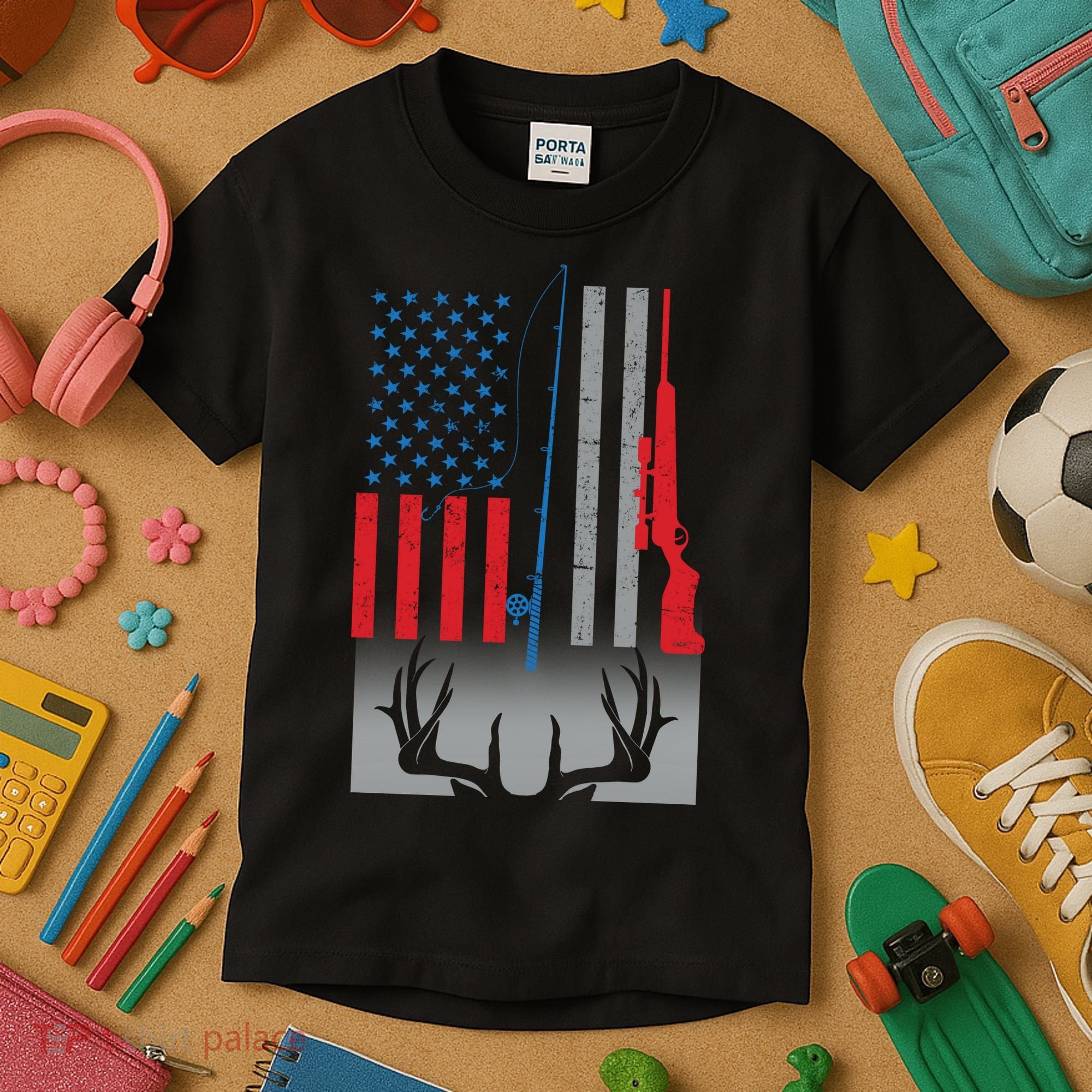 Fishing Rod Hunting Rifle American Flag Kids T-Shirt