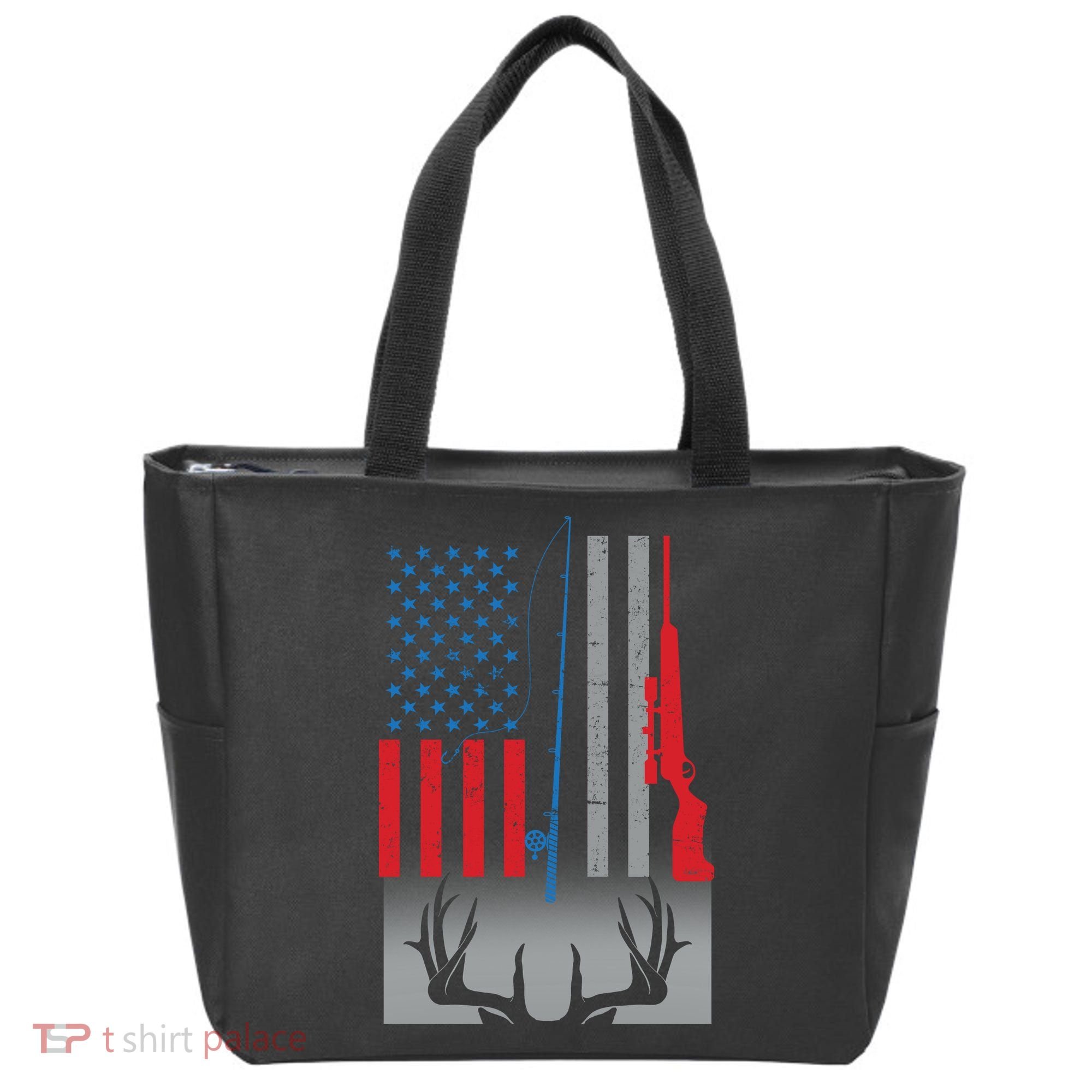 Fishing Rod Hunting Rifle American Flag Tote Bag