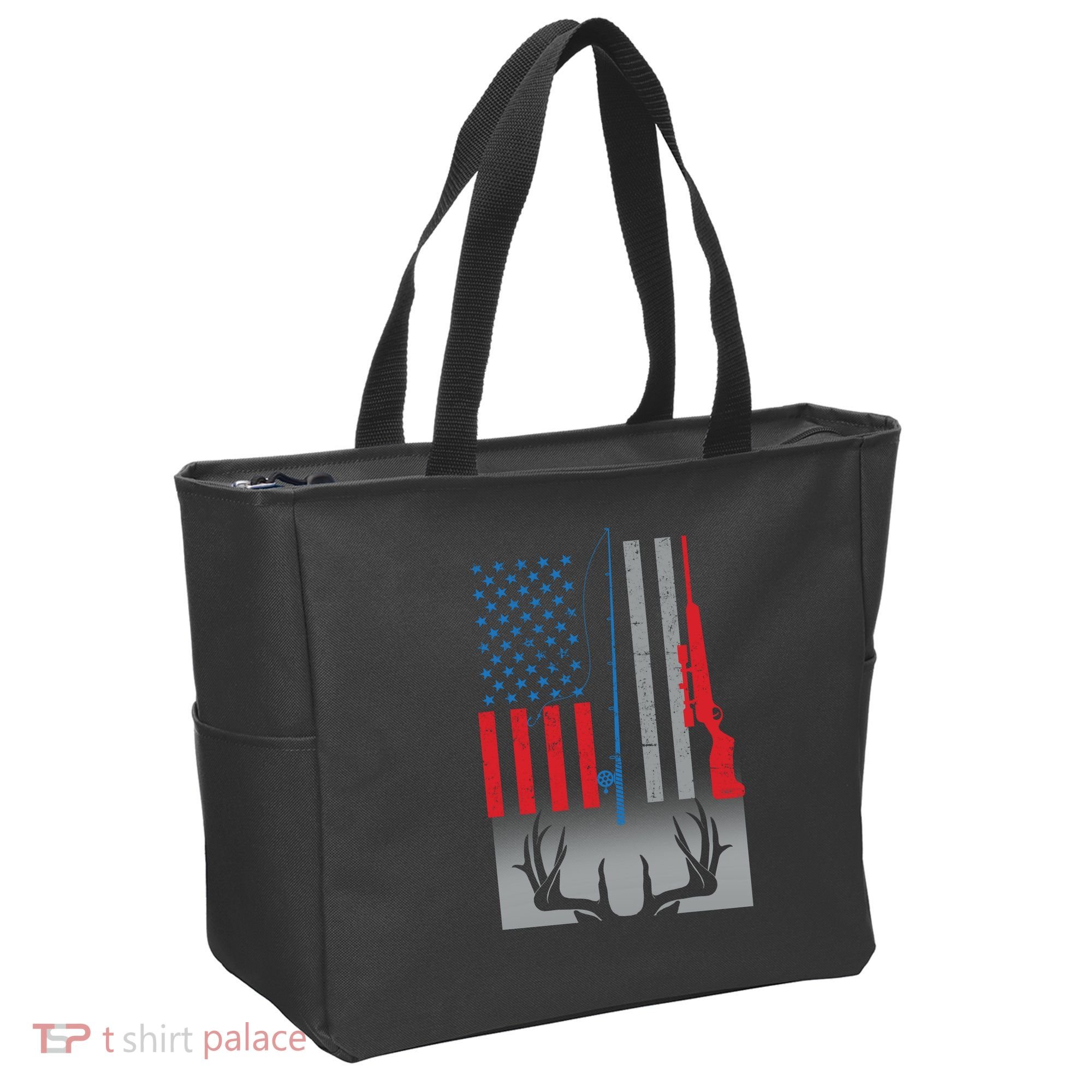 Fishing Rod Hunting Rifle American Flag Tote Bag
