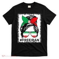 Free Iran Women Life Freedom Bleached Messy Bun Iranian Flag T-Shirt thumb 0
