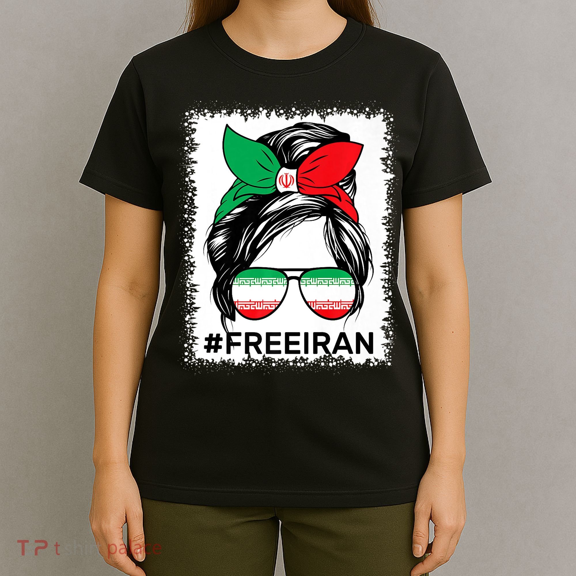 Free Iran Women Life Freedom Bleached Messy Bun Iranian Flag T-Shirt