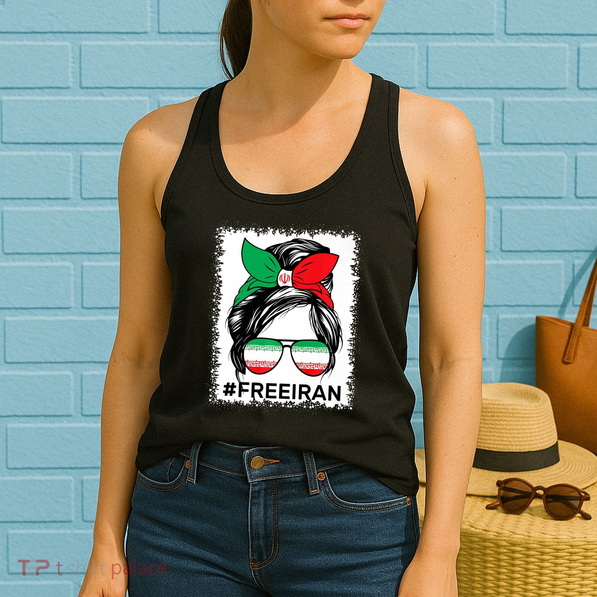 Free Iran Women Life Freedom Bleached Messy Bun Iranian Flag Women's Tank Top