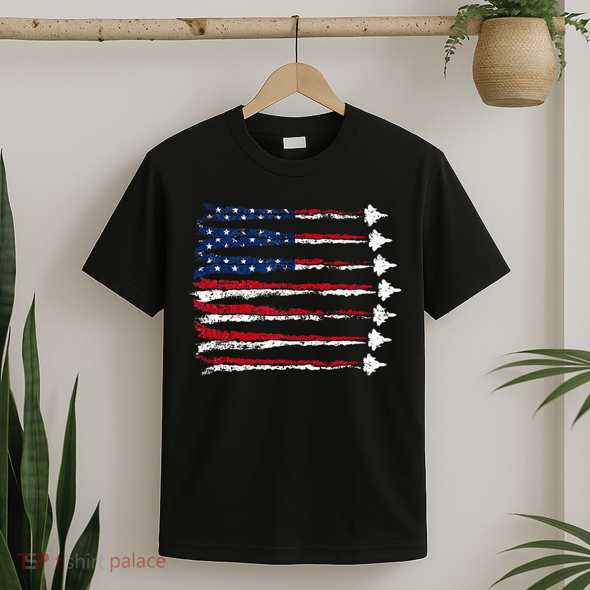 Fighter Jet Airplane Usa Flag T-Shirt