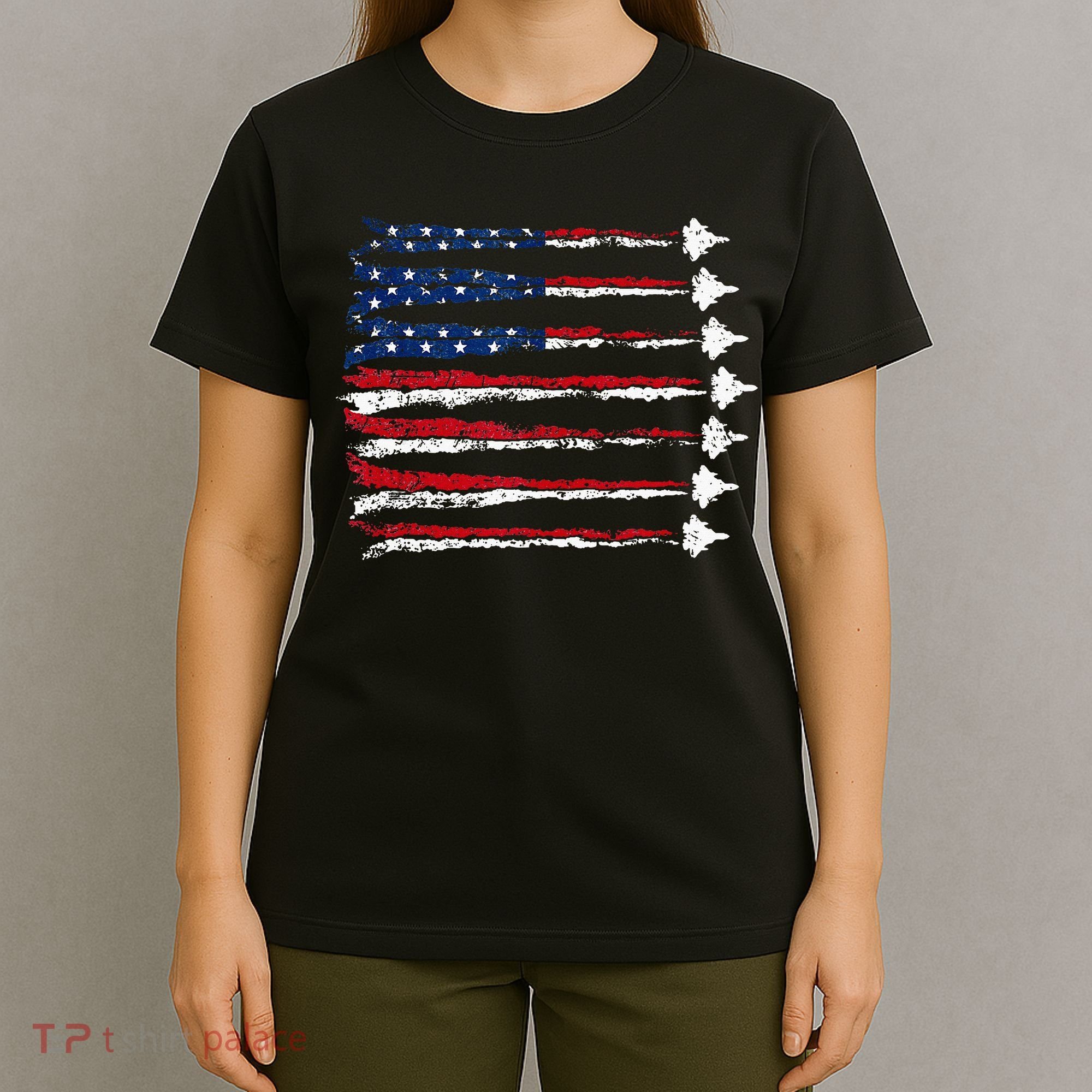Fighter Jet Airplane Usa Flag T-Shirt