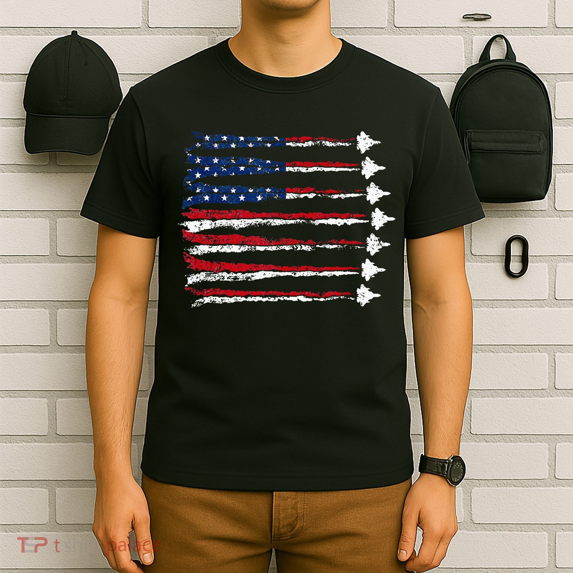 Fighter Jet Airplane Usa Flag T-Shirt