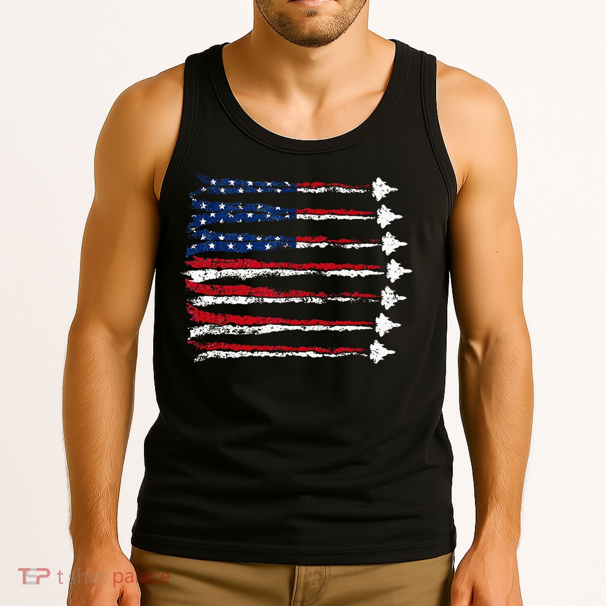 Fighter Jet Airplane Usa Flag Tank Top