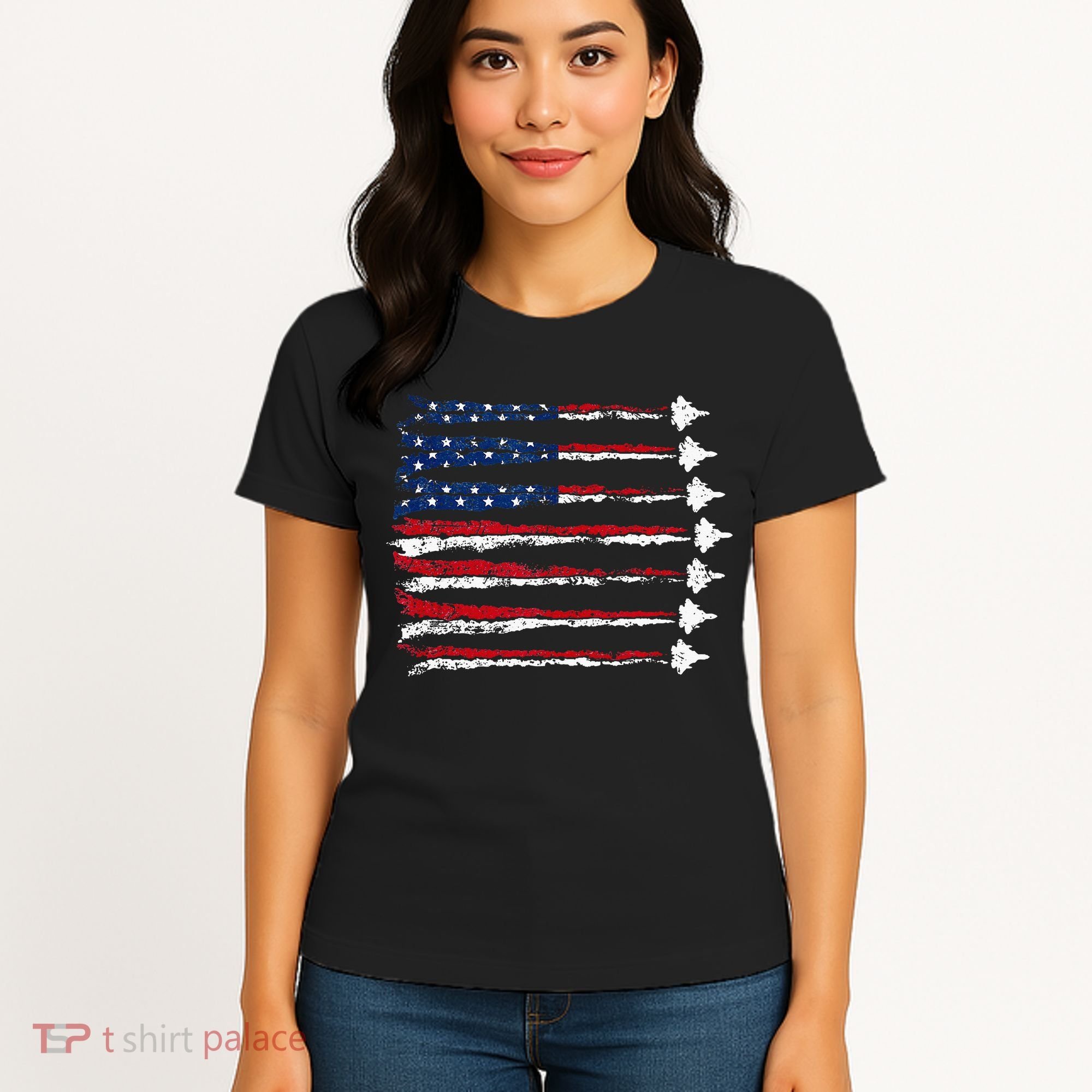 Fighter Jet Airplane Usa Flag Women's T-Shirt