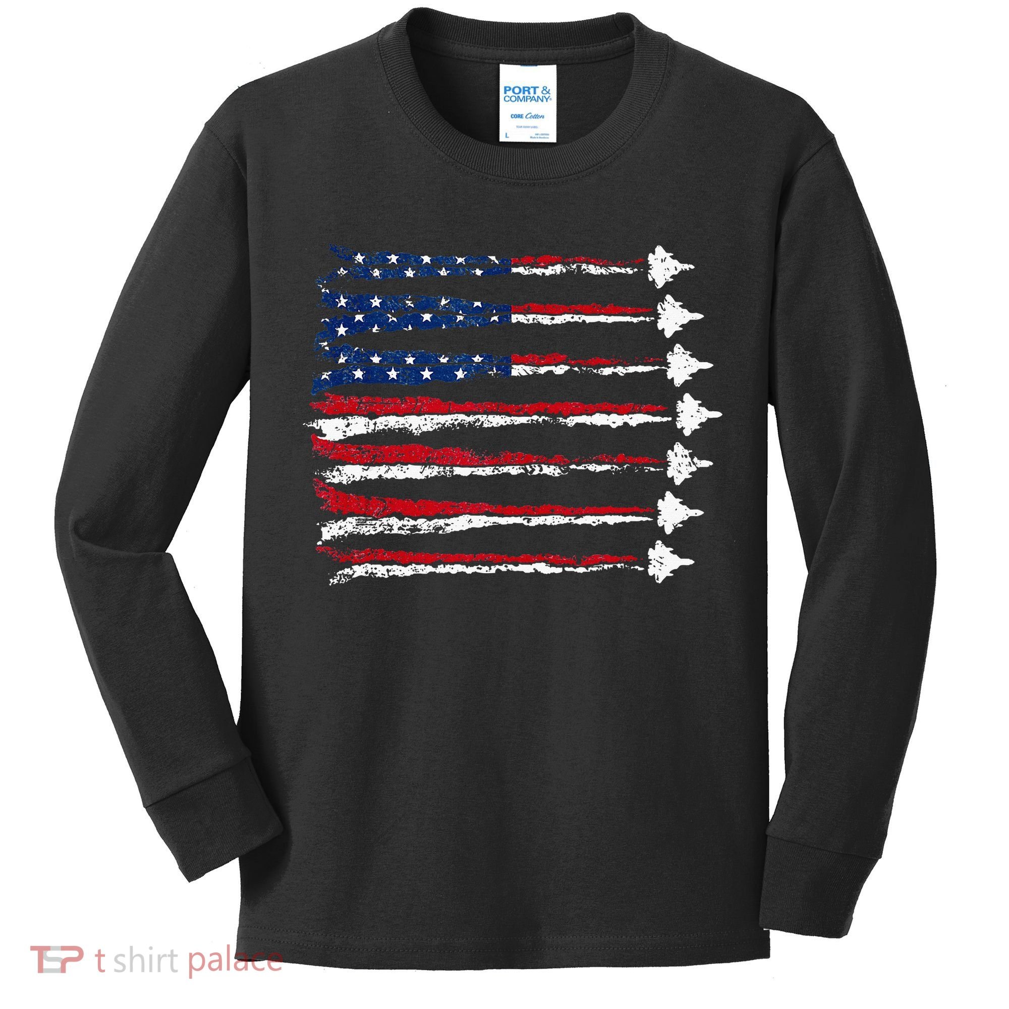 Fighter Jet Airplane Usa Flag Kids Long Sleeve Shirt