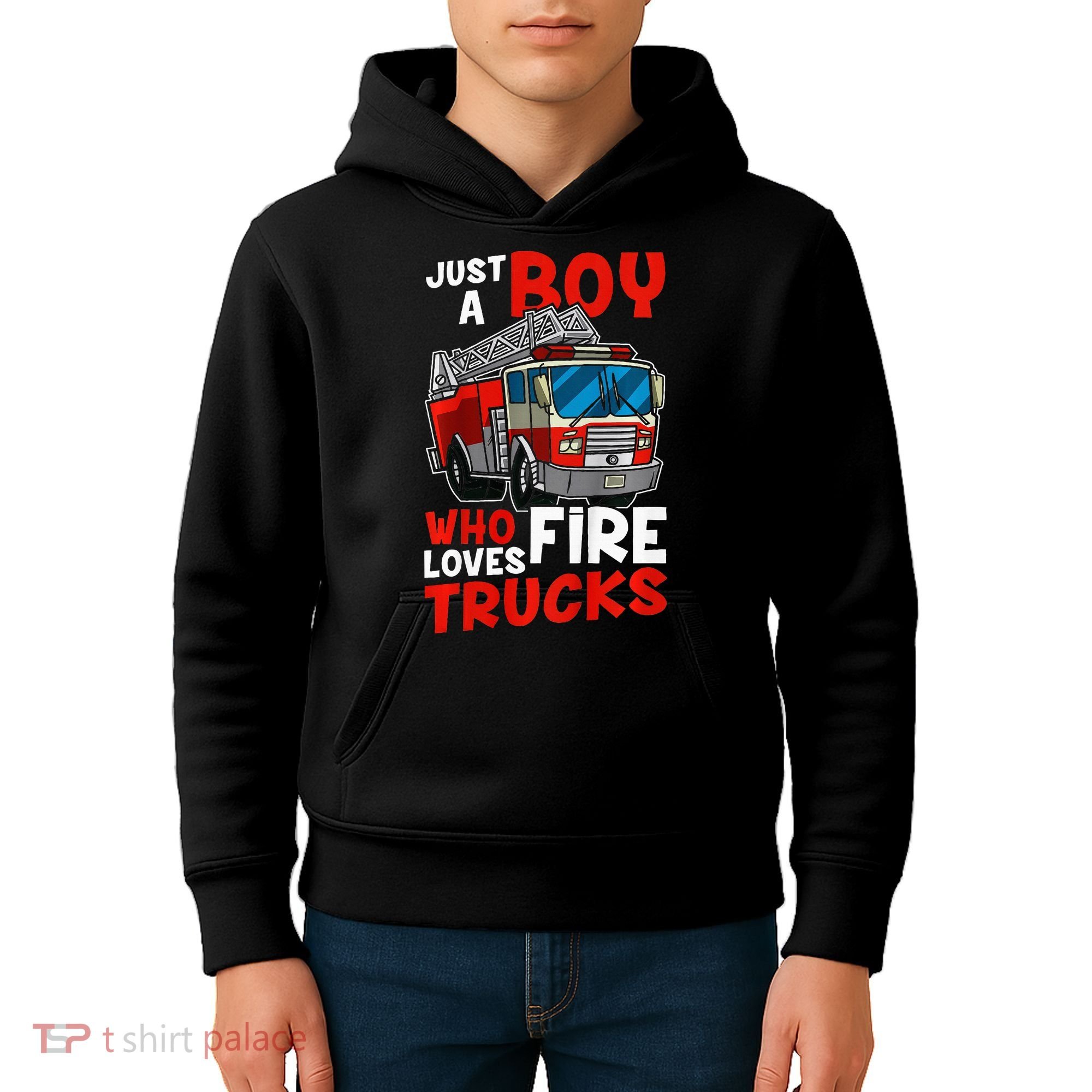 Firefighter Just A Boy Who Loves Fire Trucks Kids Hoodie