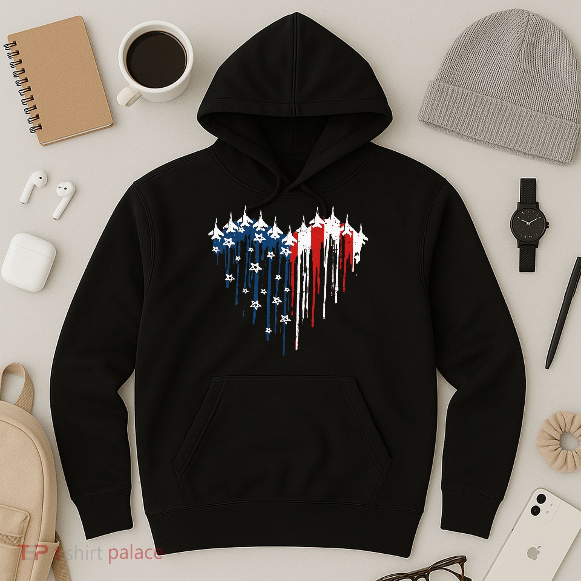 Fighter Jet Airplane American Flag Heart Hoodie