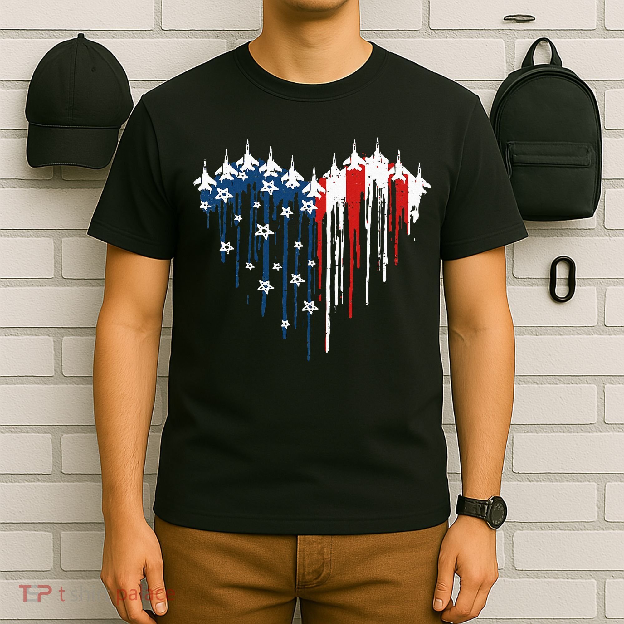 Fighter Jet Airplane American Flag Heart T-Shirt