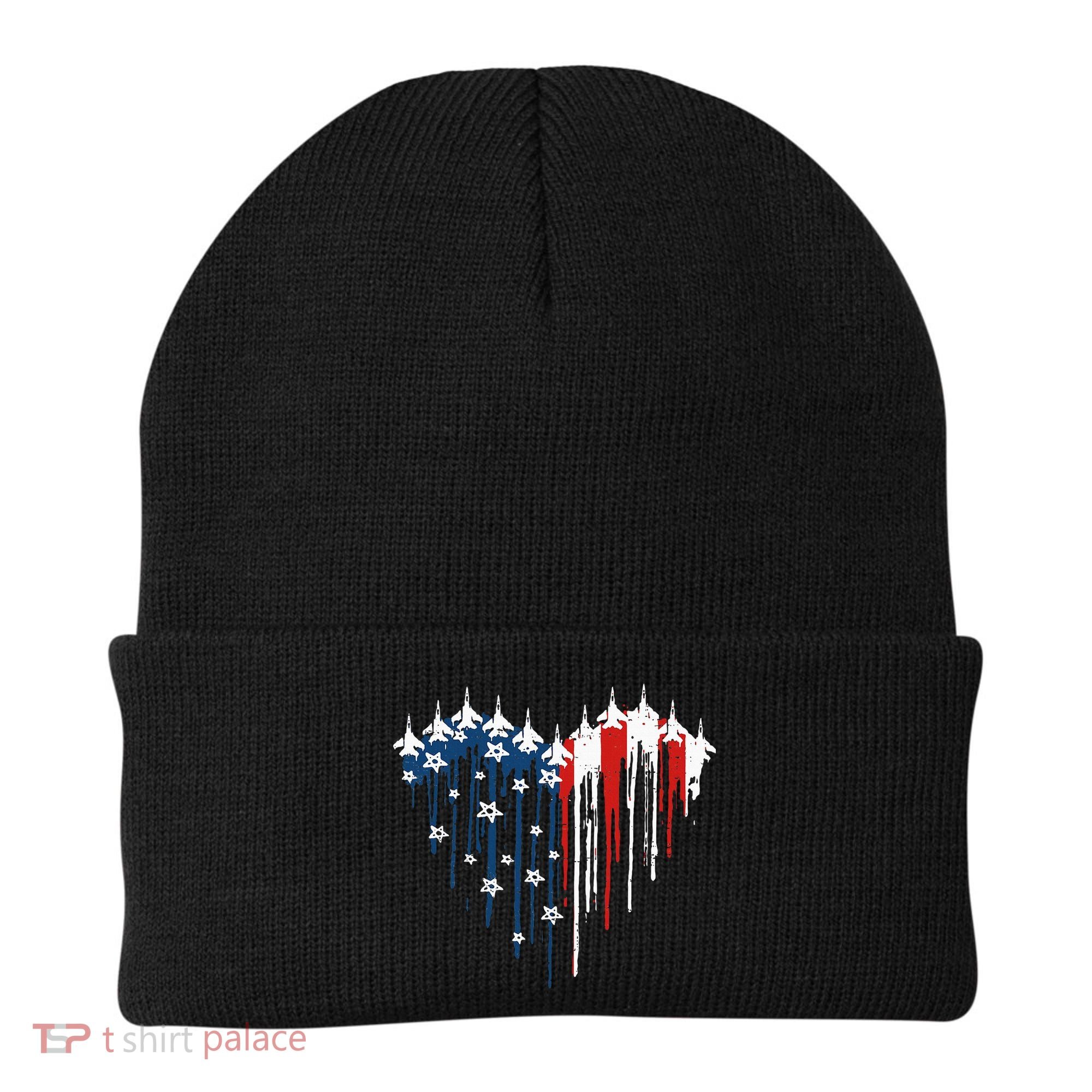 Fighter Jet Airplane American Flag Heart Beanie