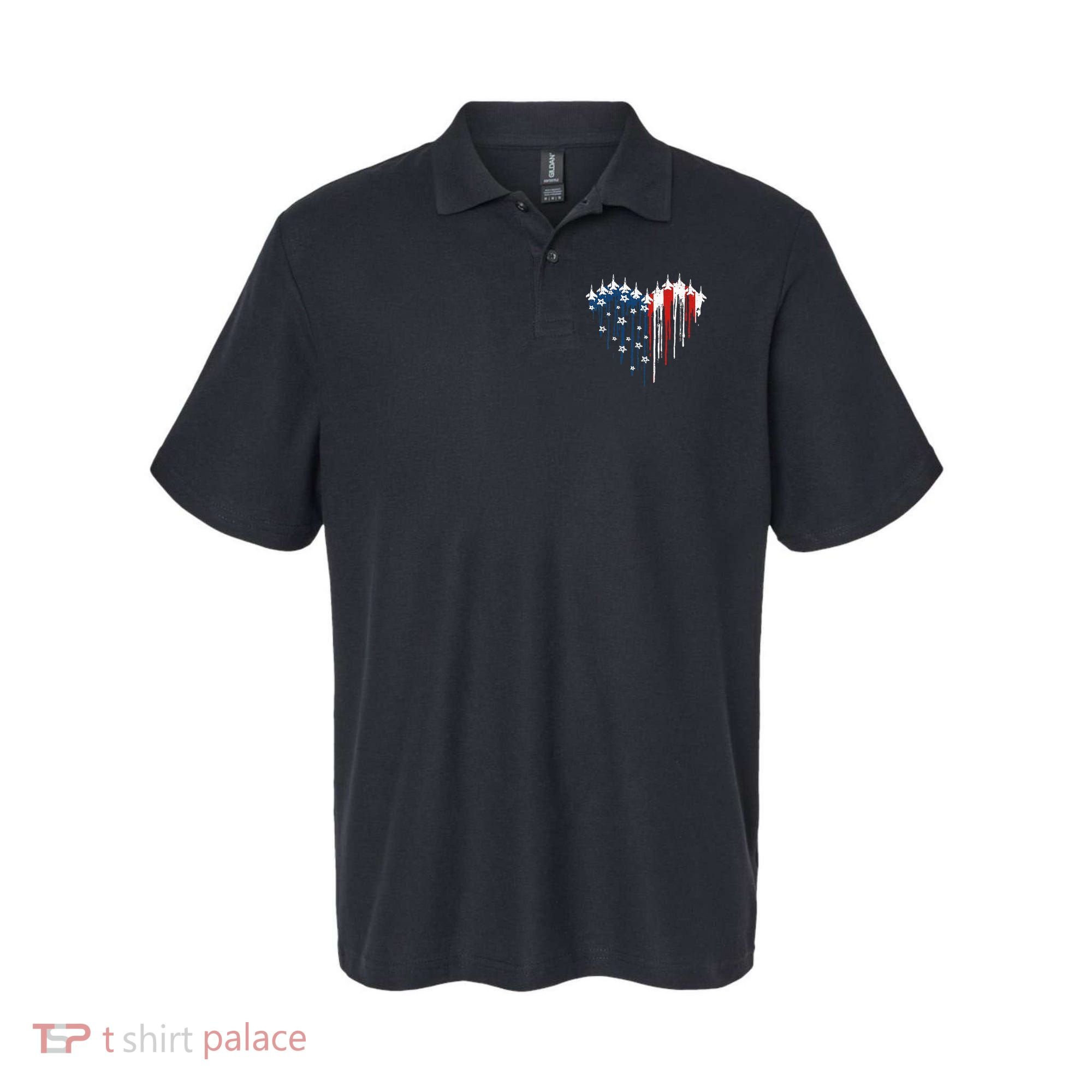 Fighter Jet Airplane American Flag Heart Polo
